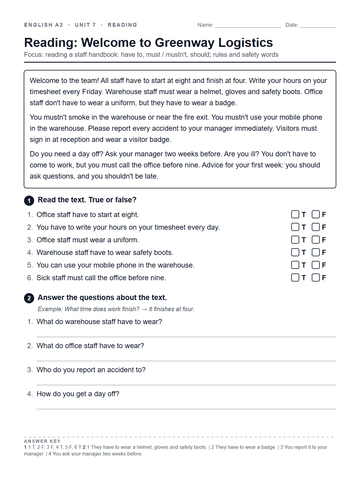 Reading: Welcome to Greenway Logistics — printable worksheet
