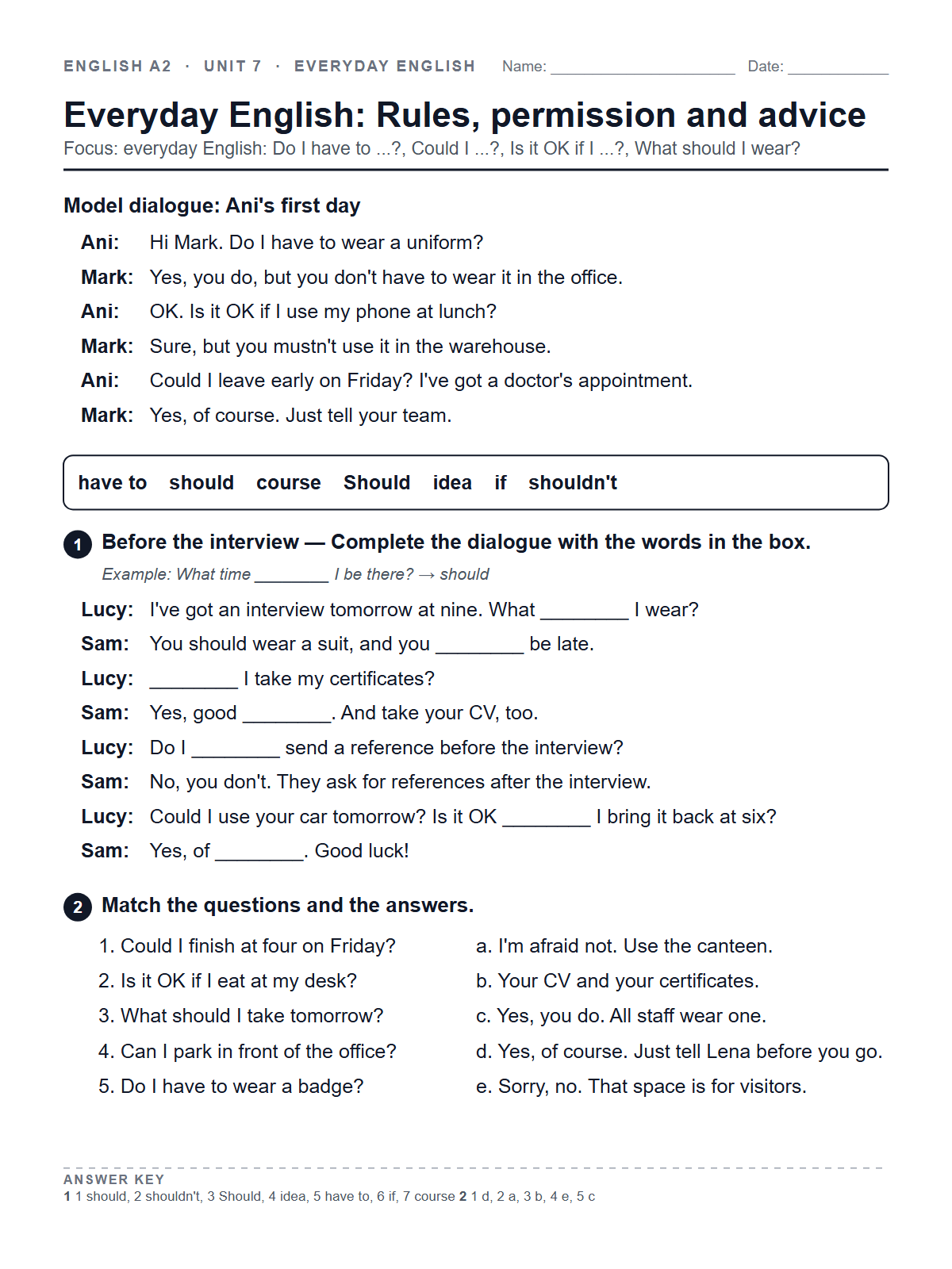 Everyday English: Rules, permission and advice — printable worksheet