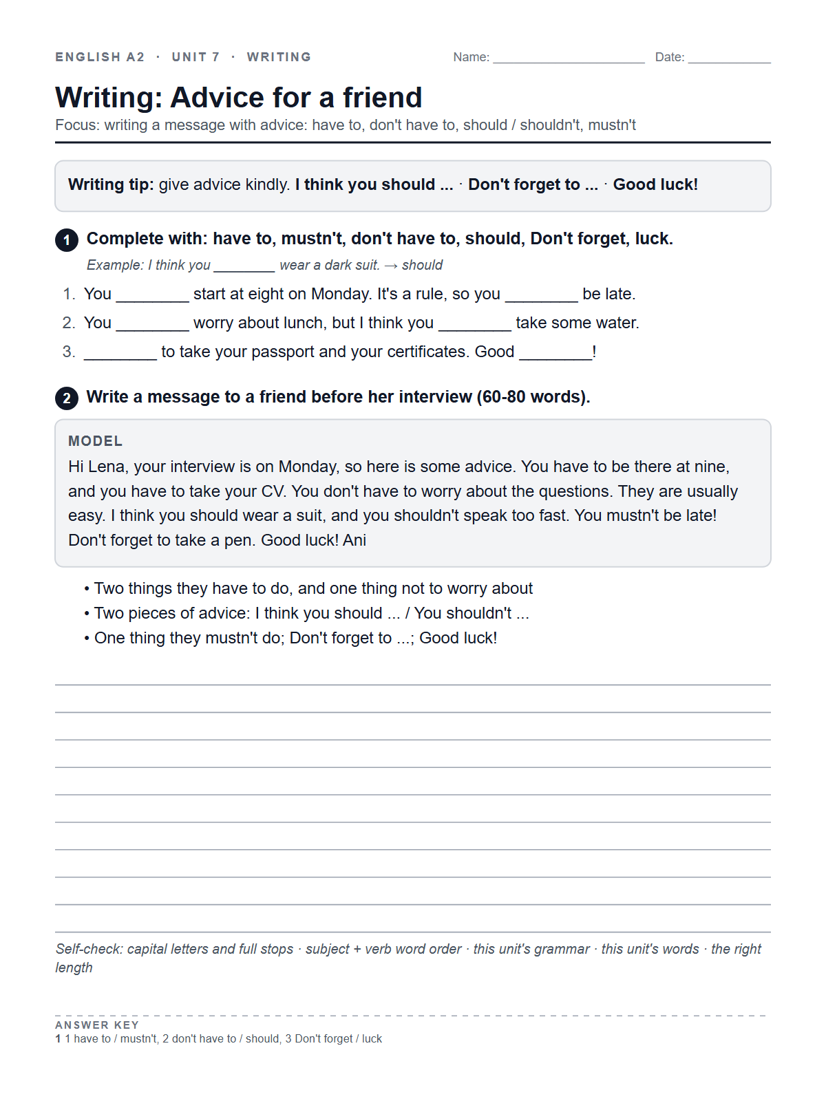Writing: Advice for a friend — printable worksheet