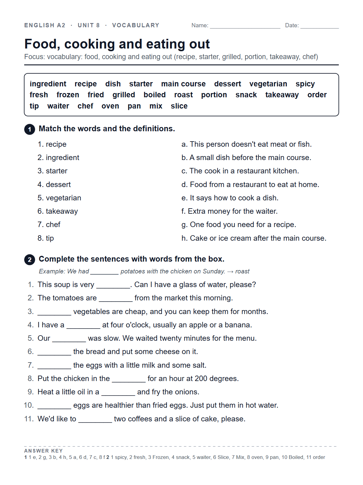 Food, cooking and eating out — printable worksheet