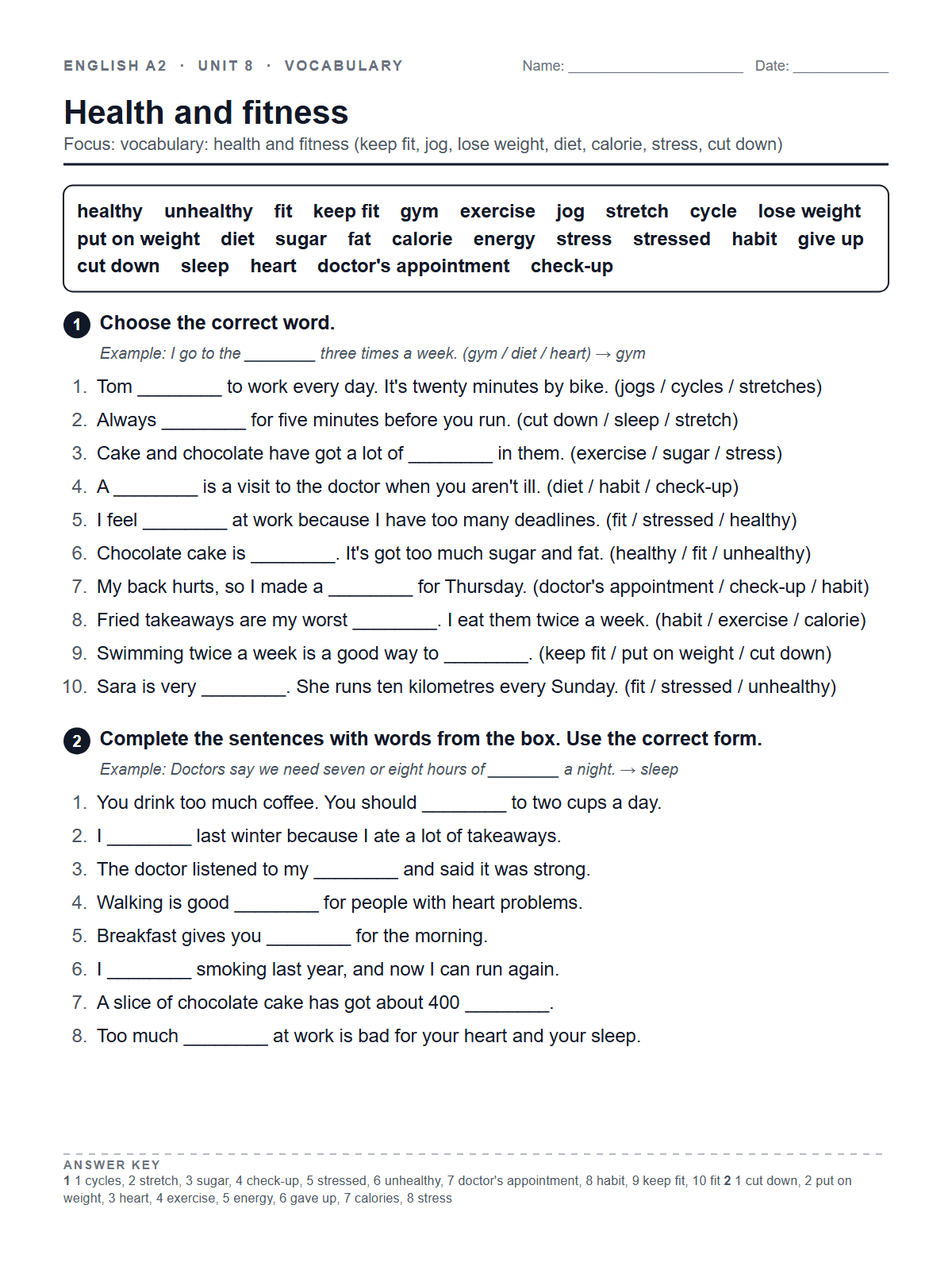 Health and fitness — printable worksheet