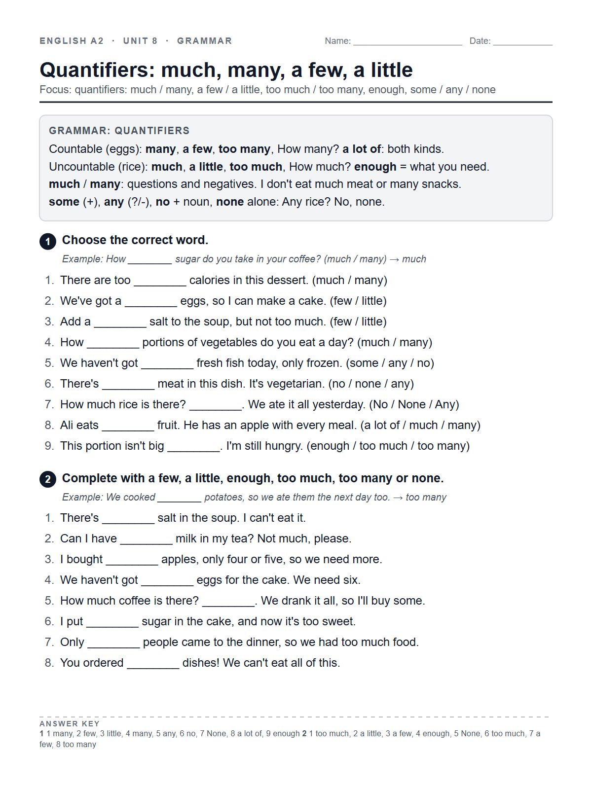 Quantifiers: much, many, a few, a little — printable worksheet