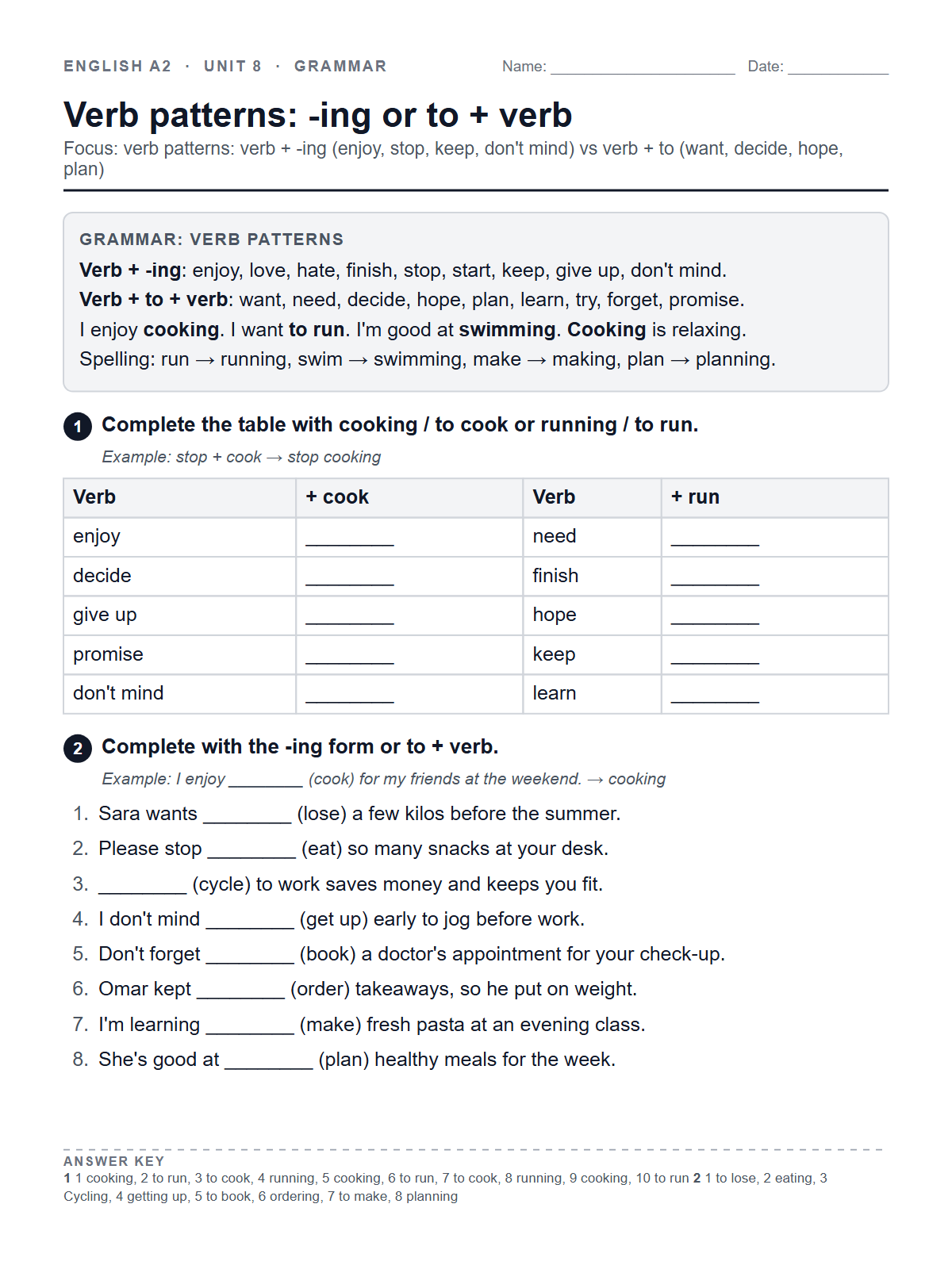 Verb patterns: -ing or to + verb — printable worksheet