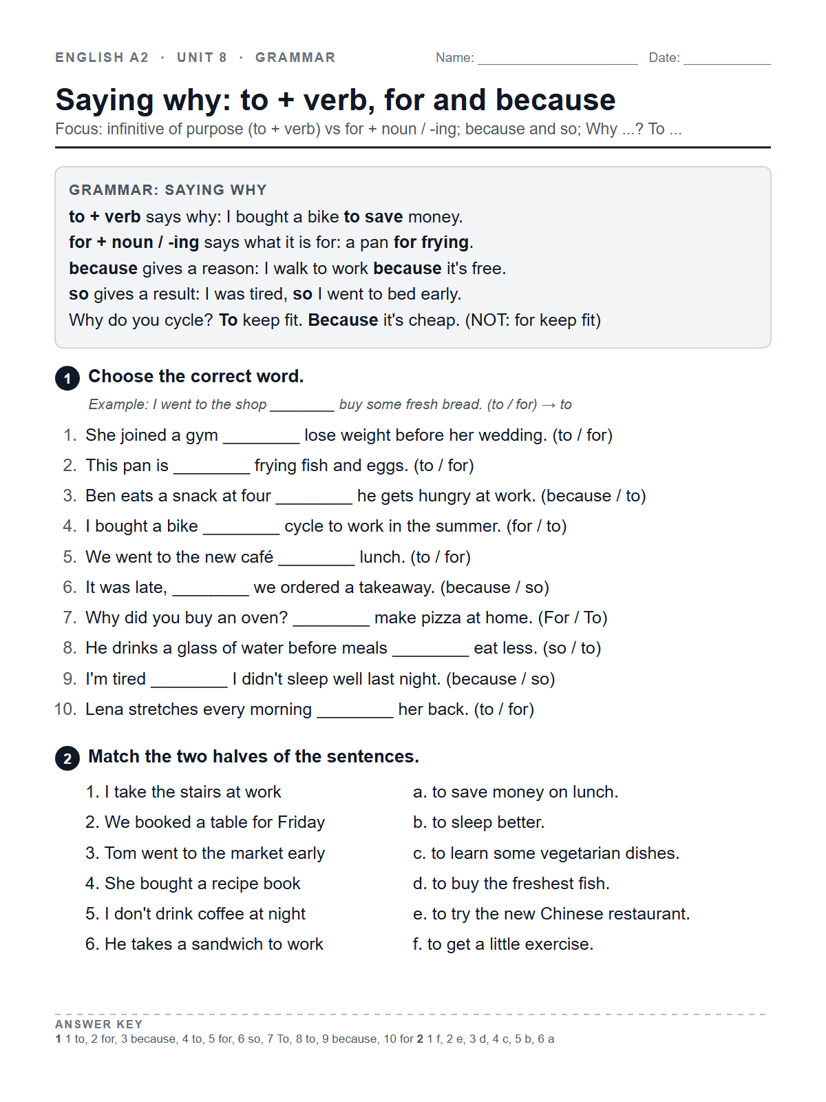 Saying why: to + verb, for and because — printable worksheet