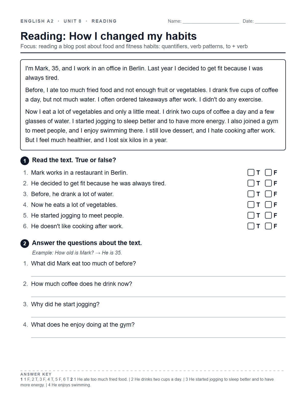 Reading: How I changed my habits — printable worksheet