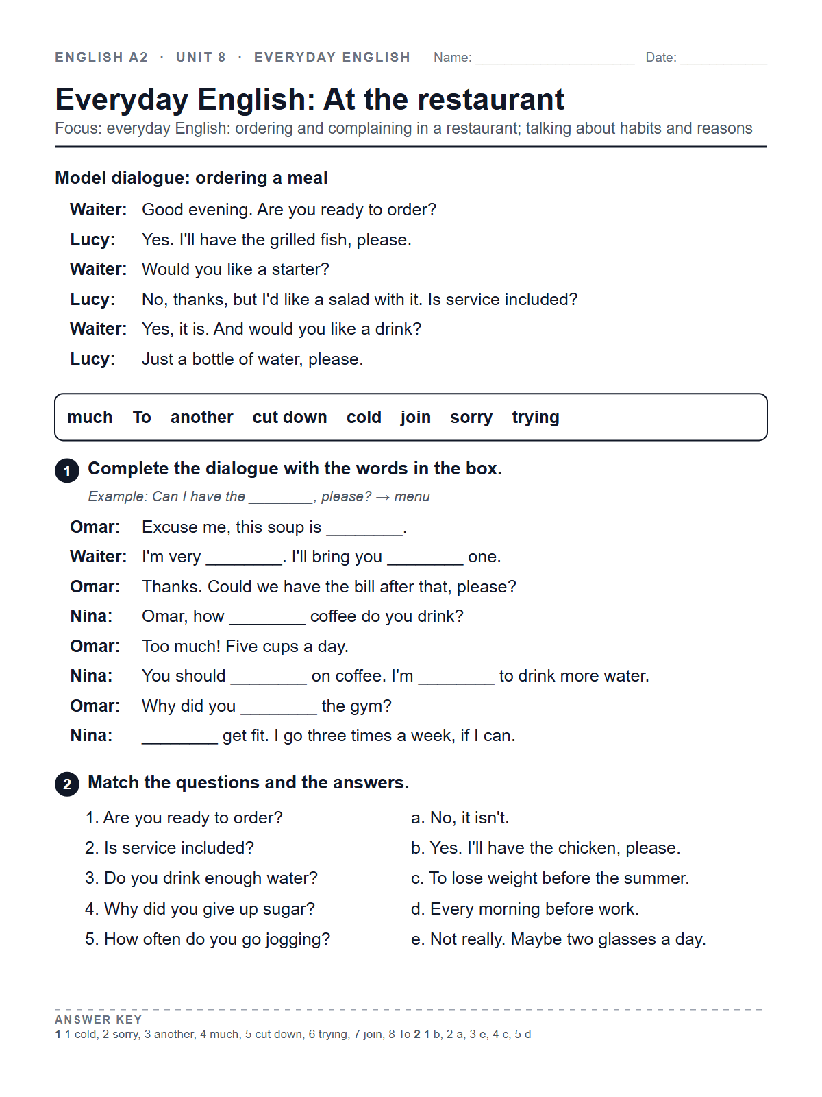Everyday English: At the restaurant — printable worksheet