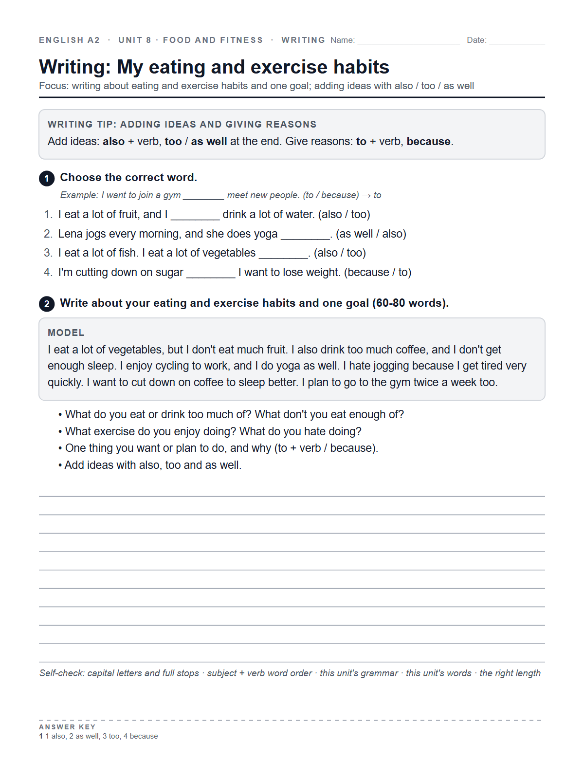 Writing: My eating and exercise habits — printable worksheet