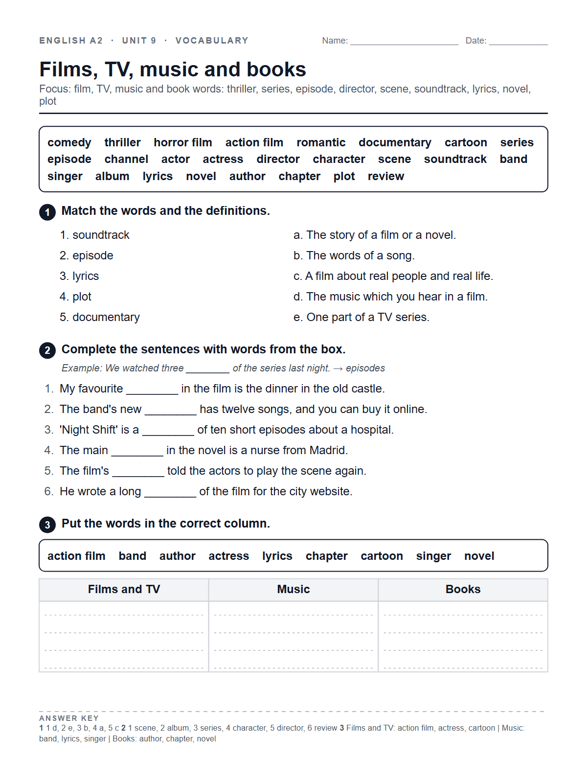Films, TV, music and books — printable worksheet