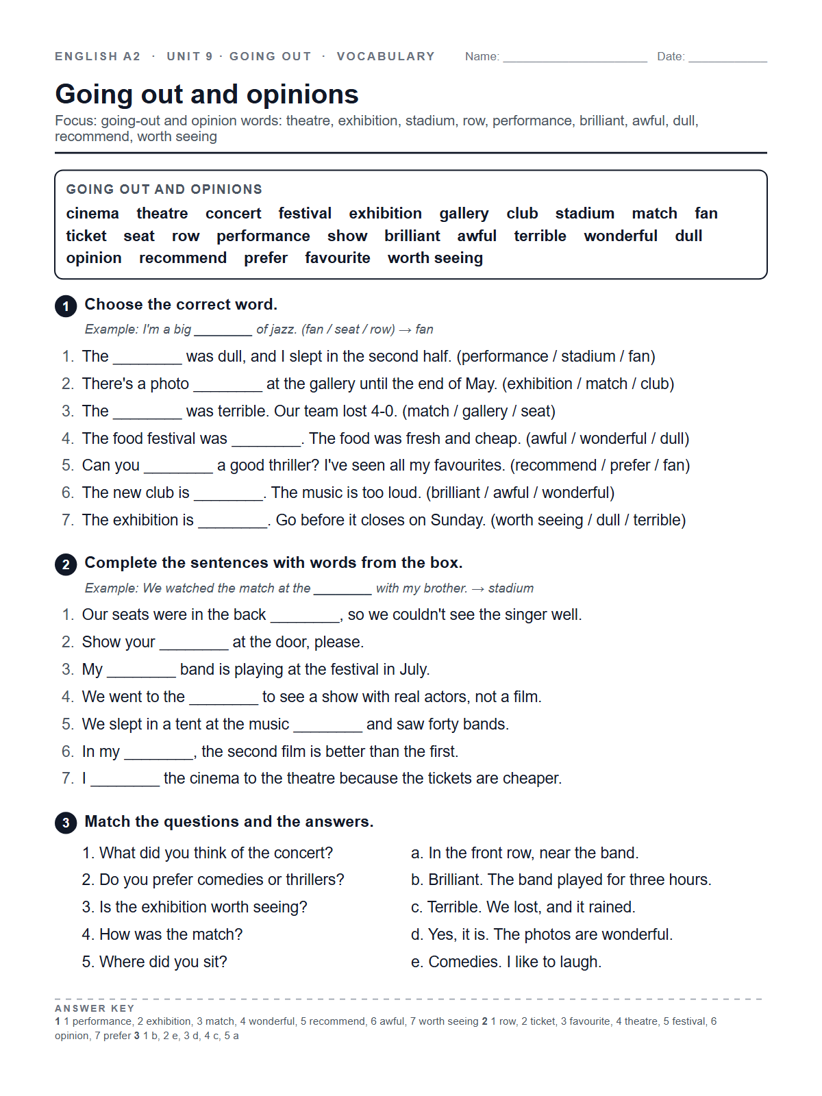 Going out and opinions — printable worksheet