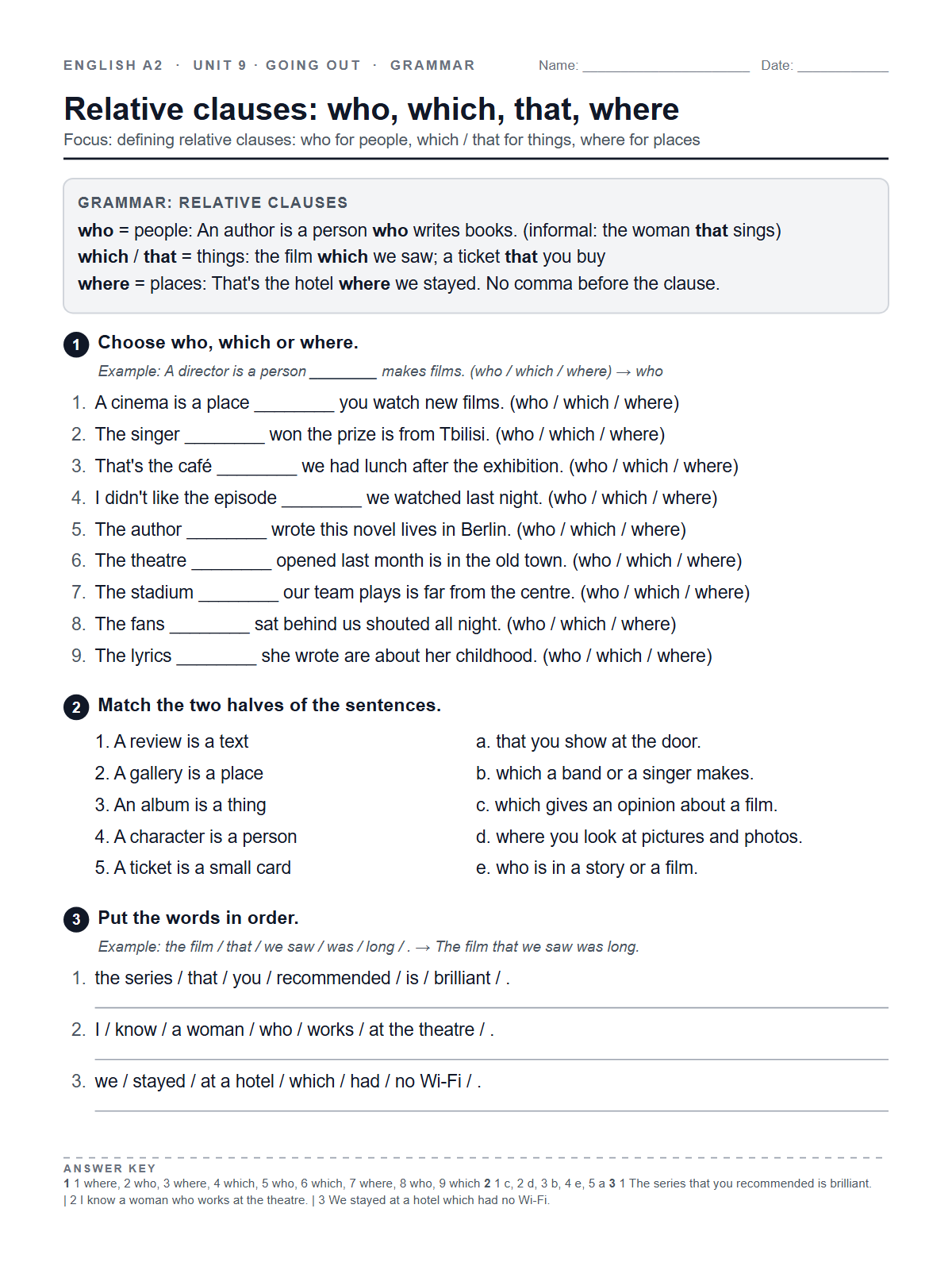 Relative clauses: who, which, that, where — printable worksheet