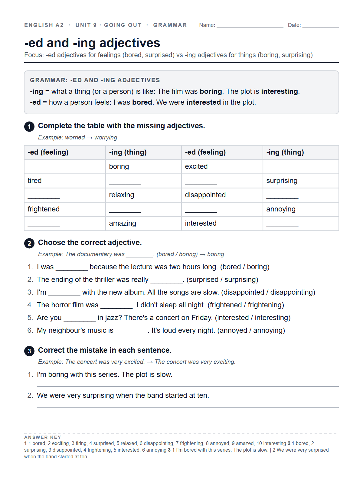 -ed and -ing adjectives — printable worksheet