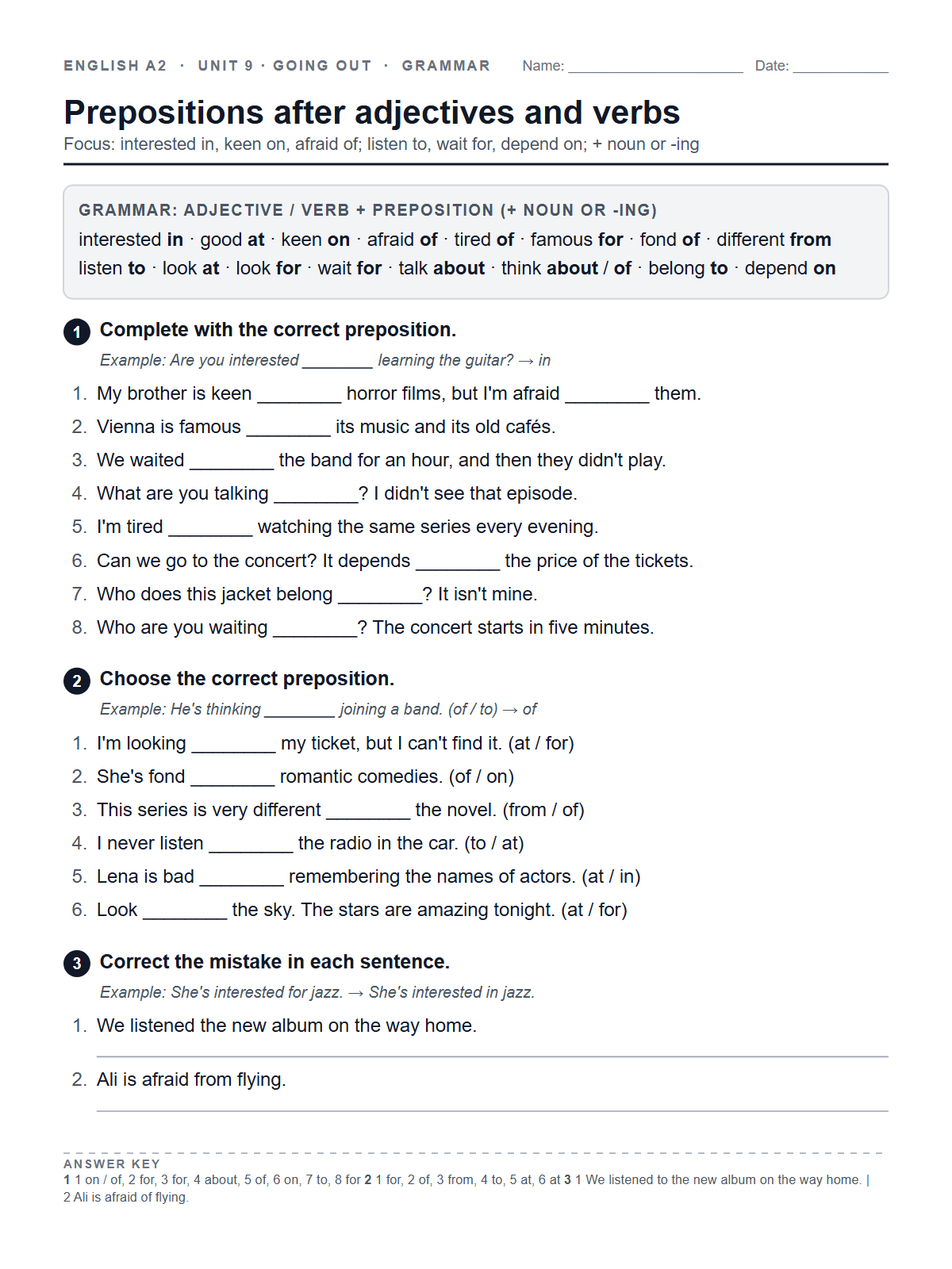 Prepositions after adjectives and verbs — printable worksheet