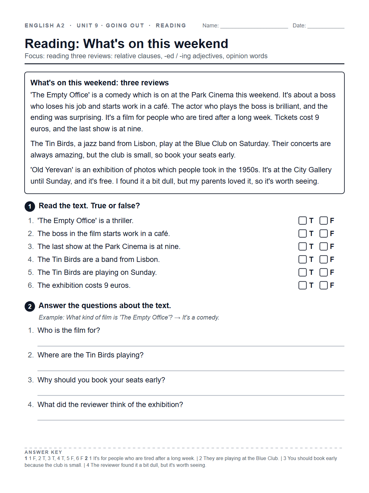Reading: What's on this weekend — printable worksheet