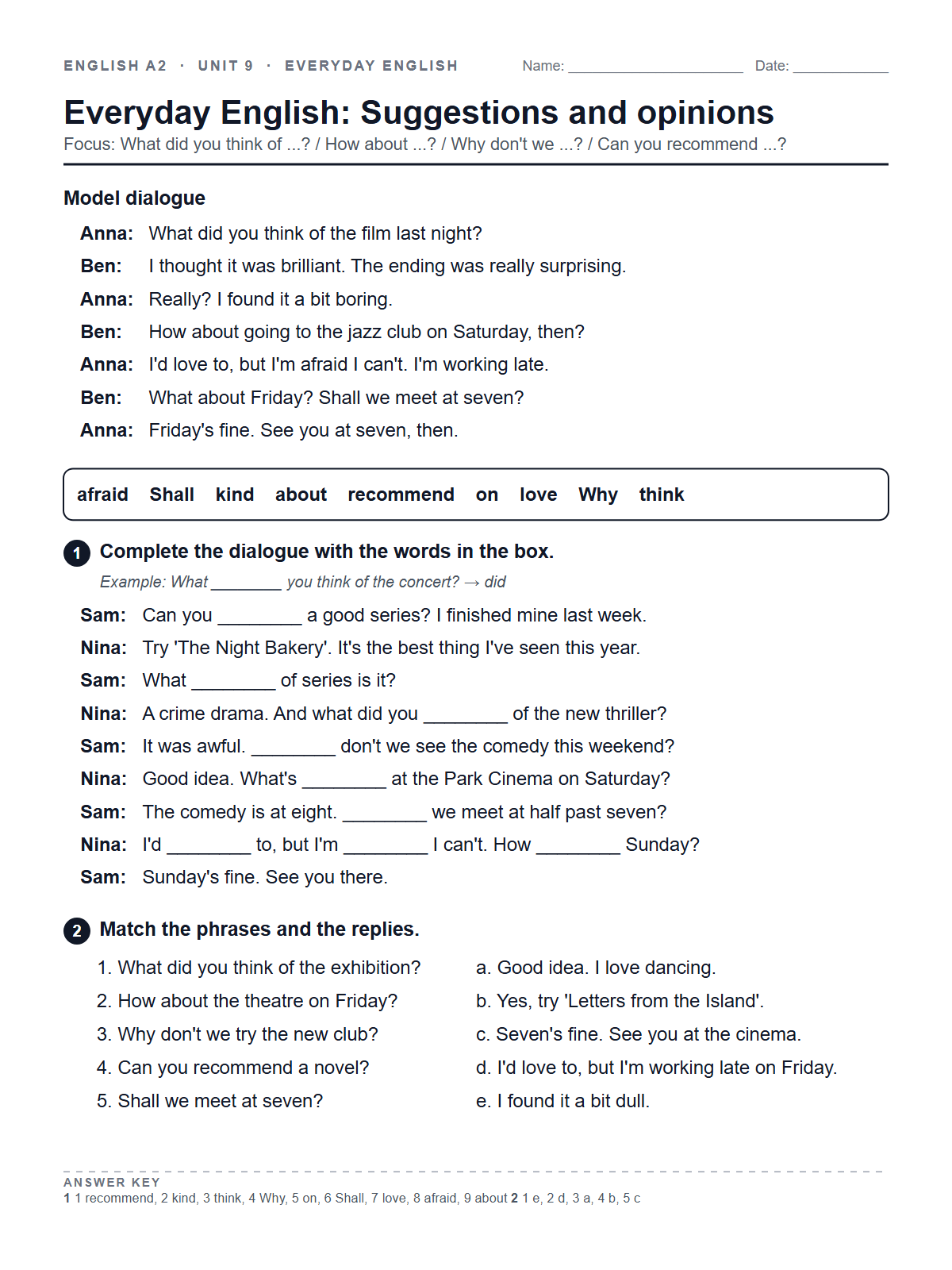 Everyday English: Suggestions and opinions — printable worksheet