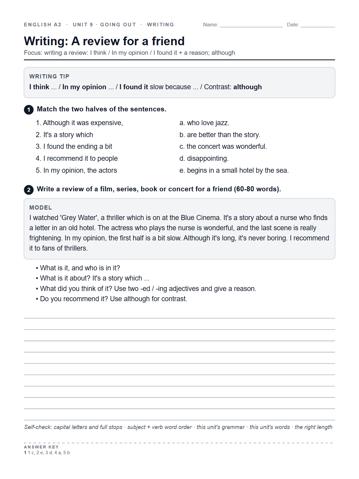 Writing: A review for a friend — printable worksheet