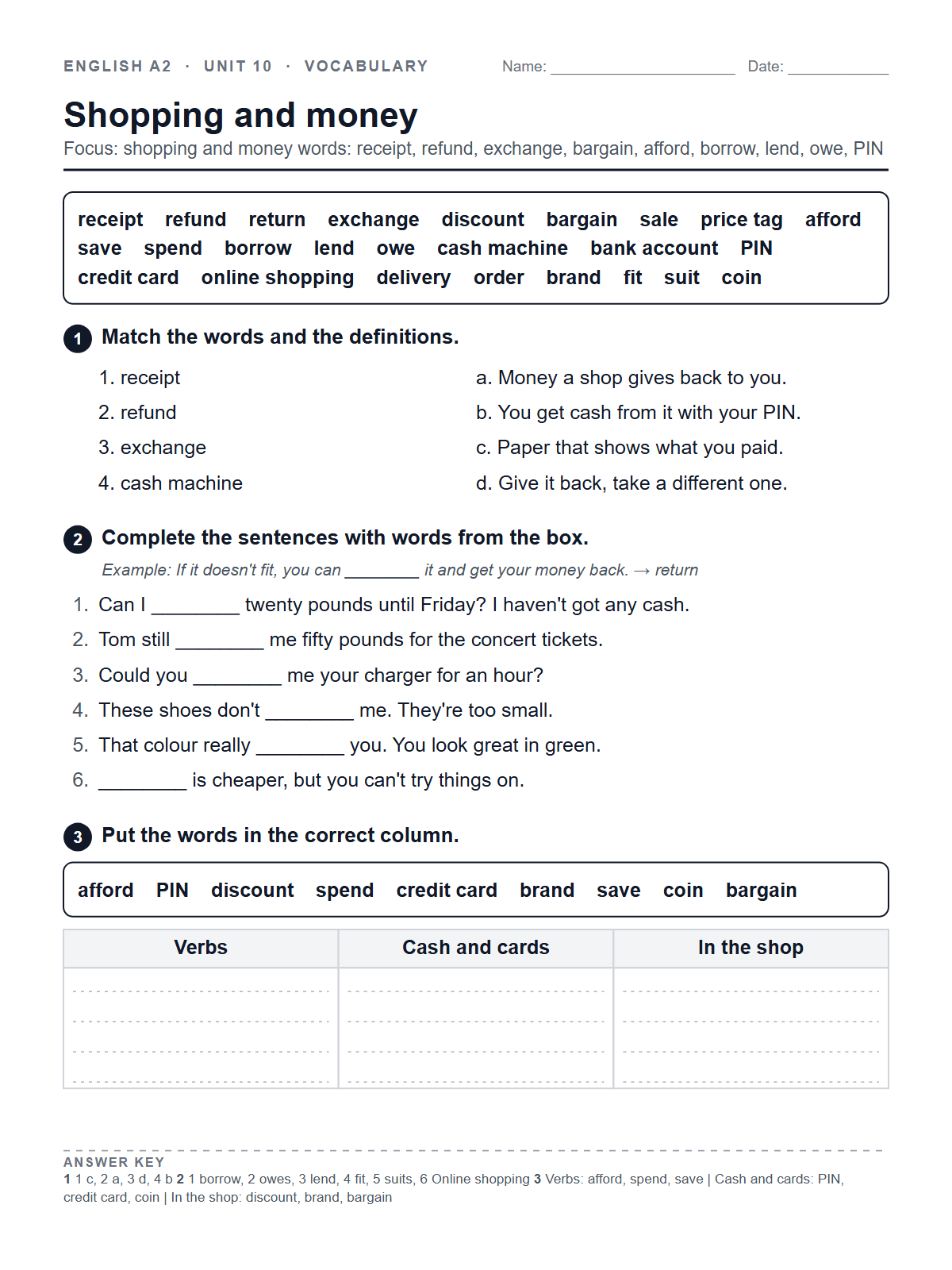 Shopping and money — printable worksheet