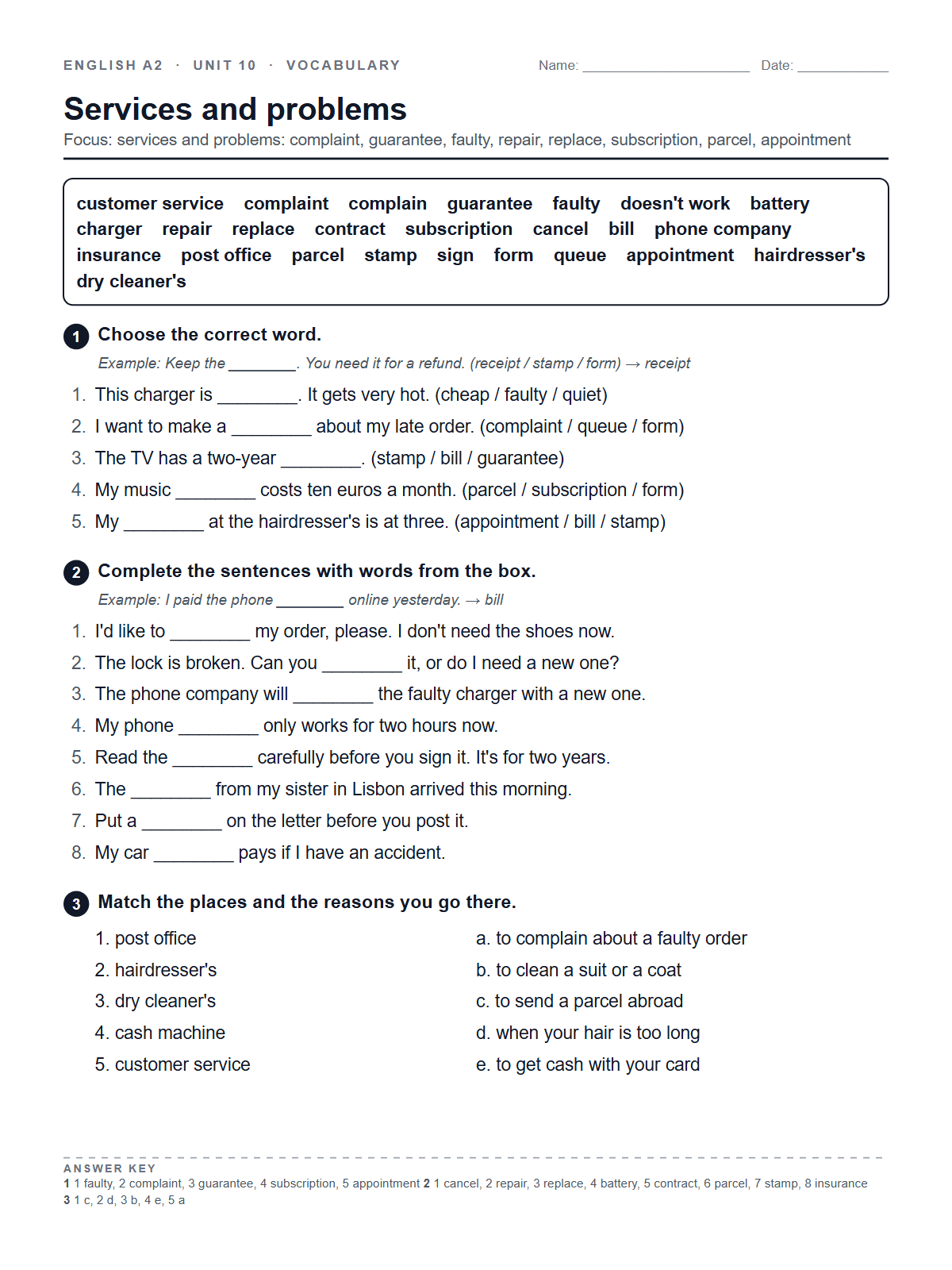 Services and problems — printable worksheet