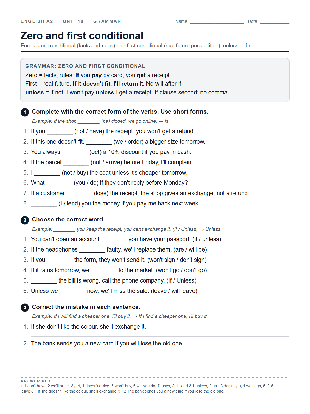 Zero and first conditional — printable worksheet