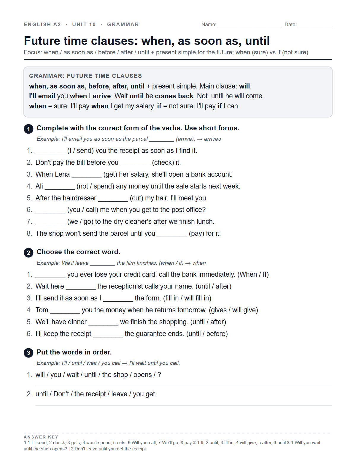 Future time clauses: when, as soon as, until — printable worksheet