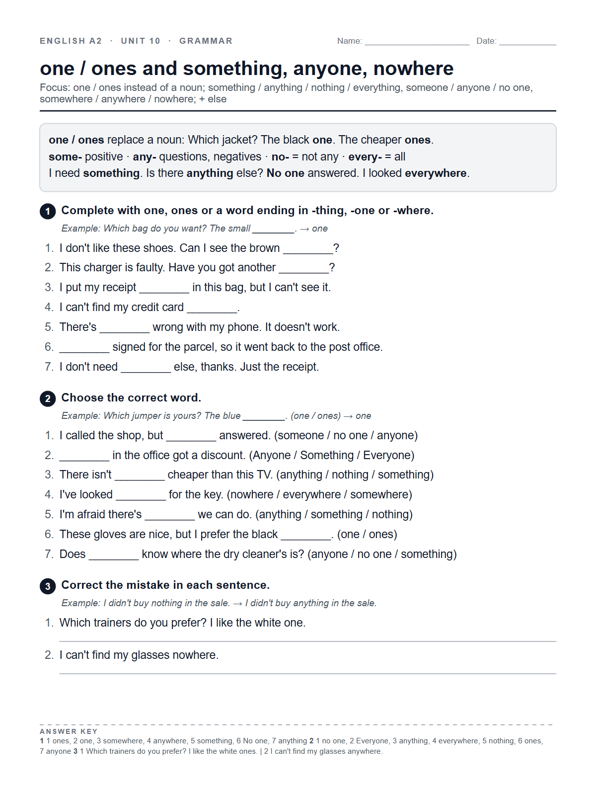 one / ones and something, anyone, nowhere — printable worksheet