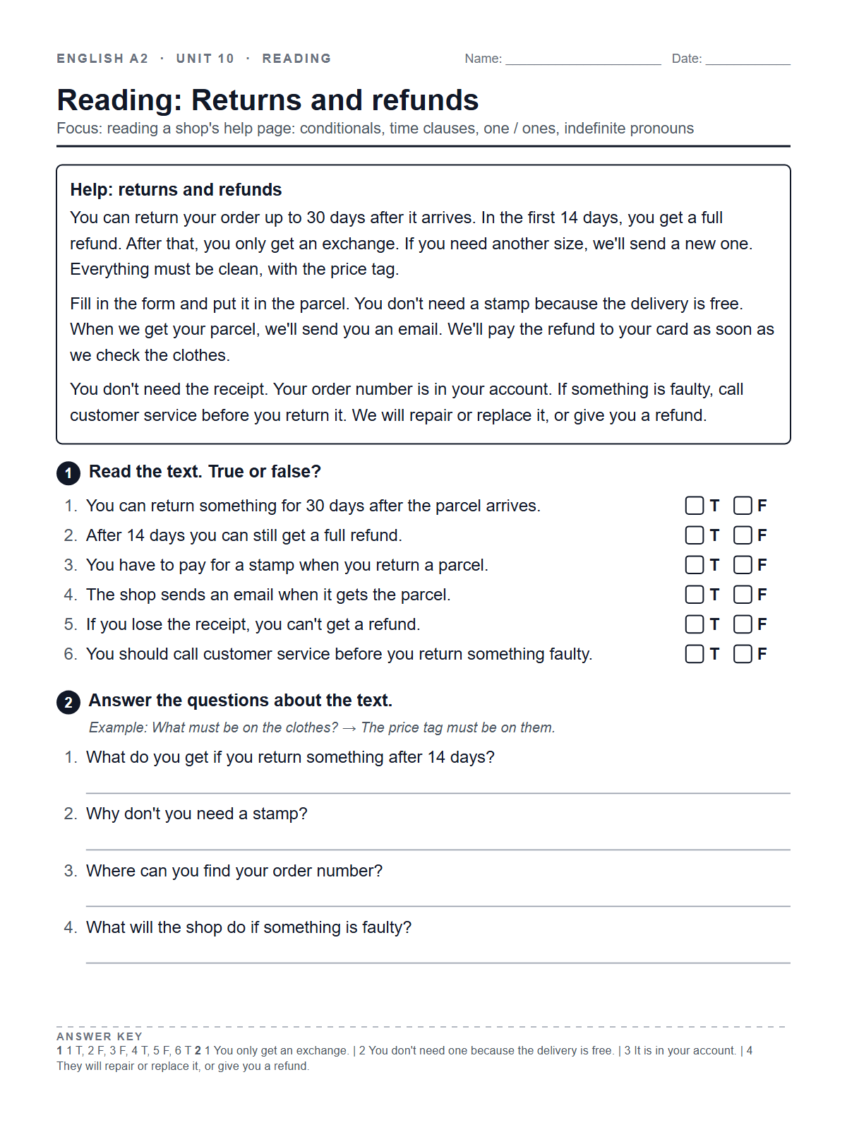 Reading: Returns and refunds — printable worksheet