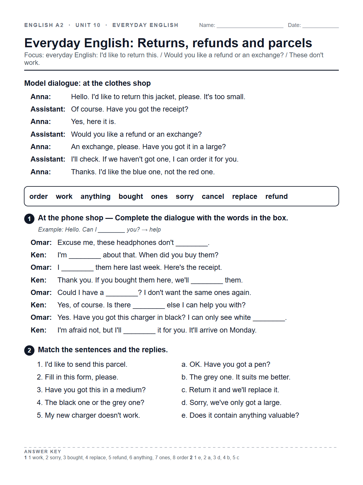Everyday English: Returns, refunds and parcels — printable worksheet