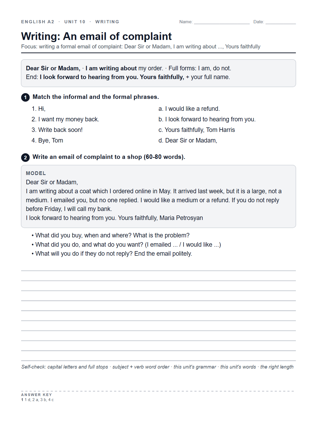 Writing: An email of complaint — printable worksheet