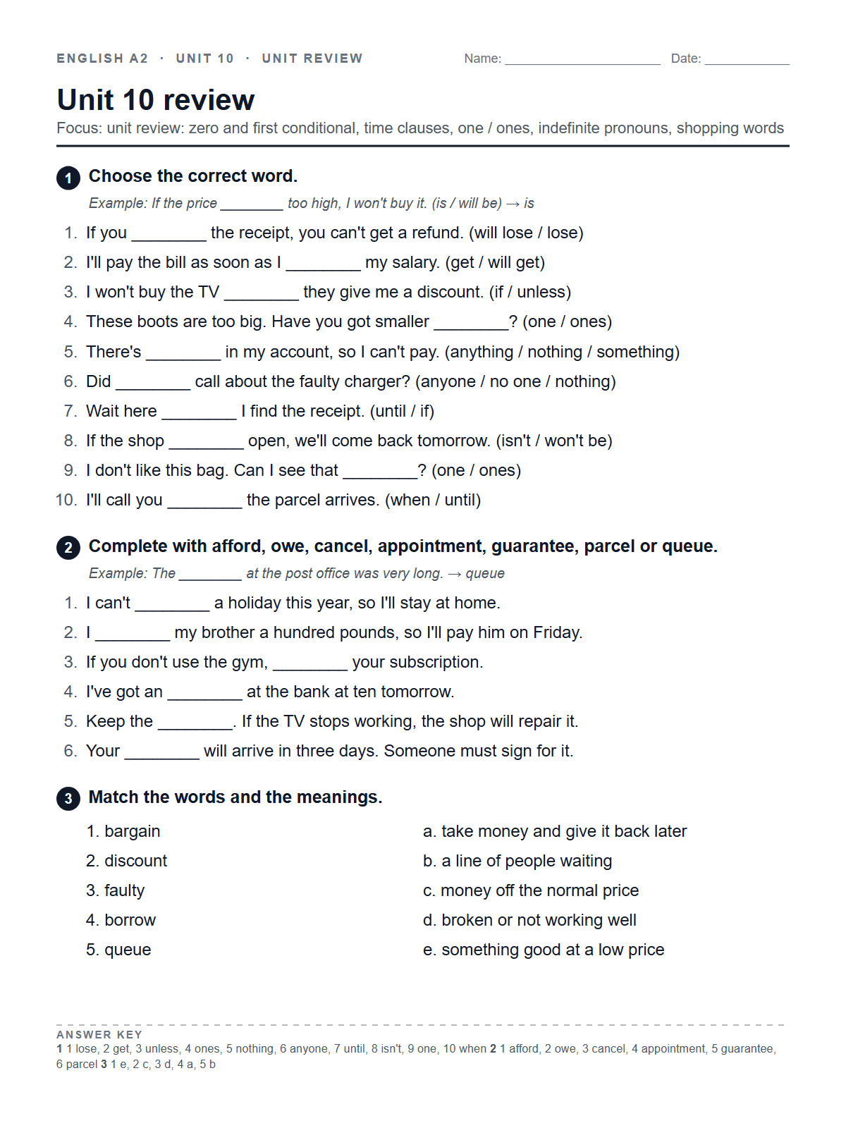 Unit 10 review — printable worksheet