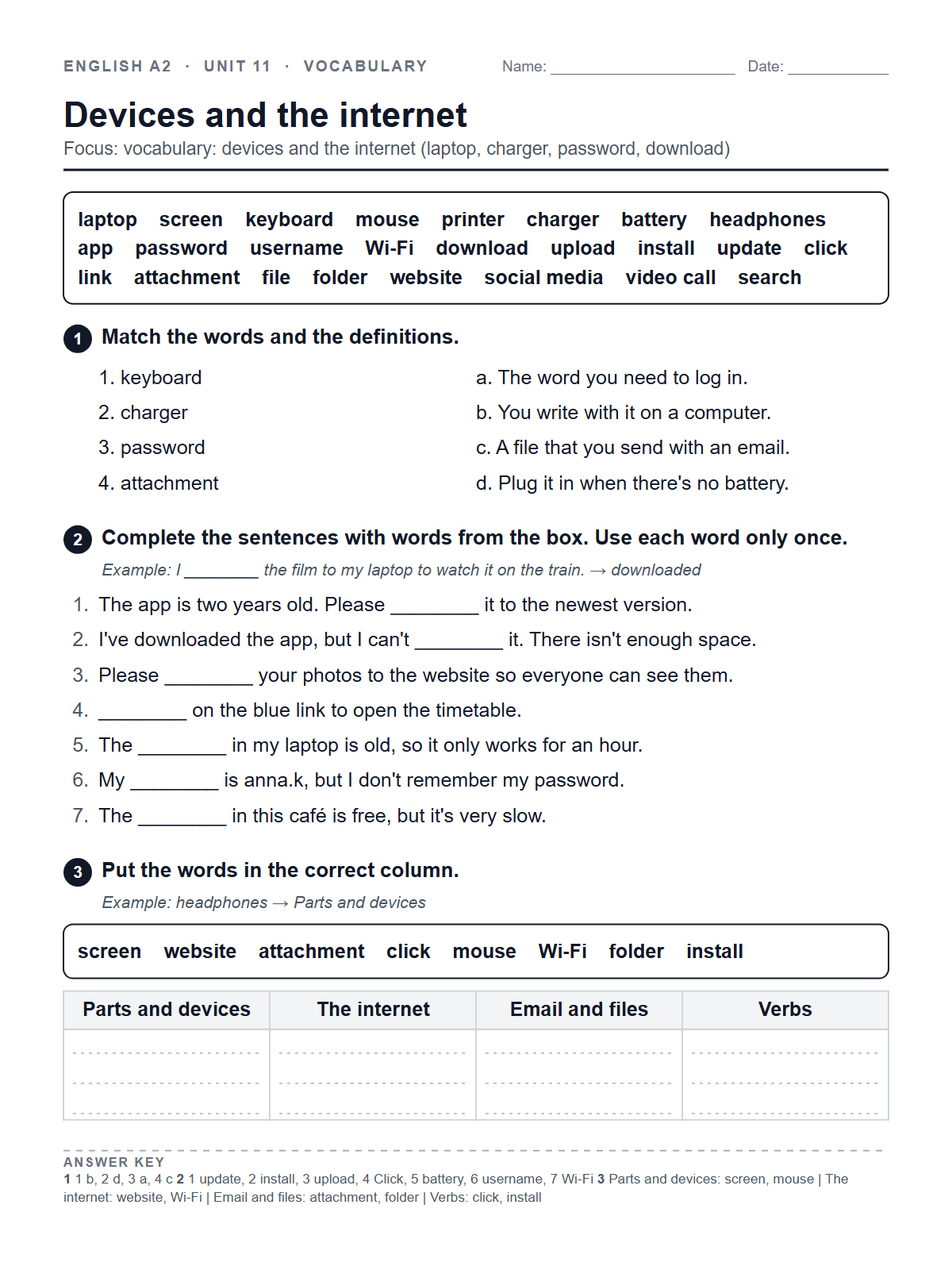 Devices and the internet — printable worksheet