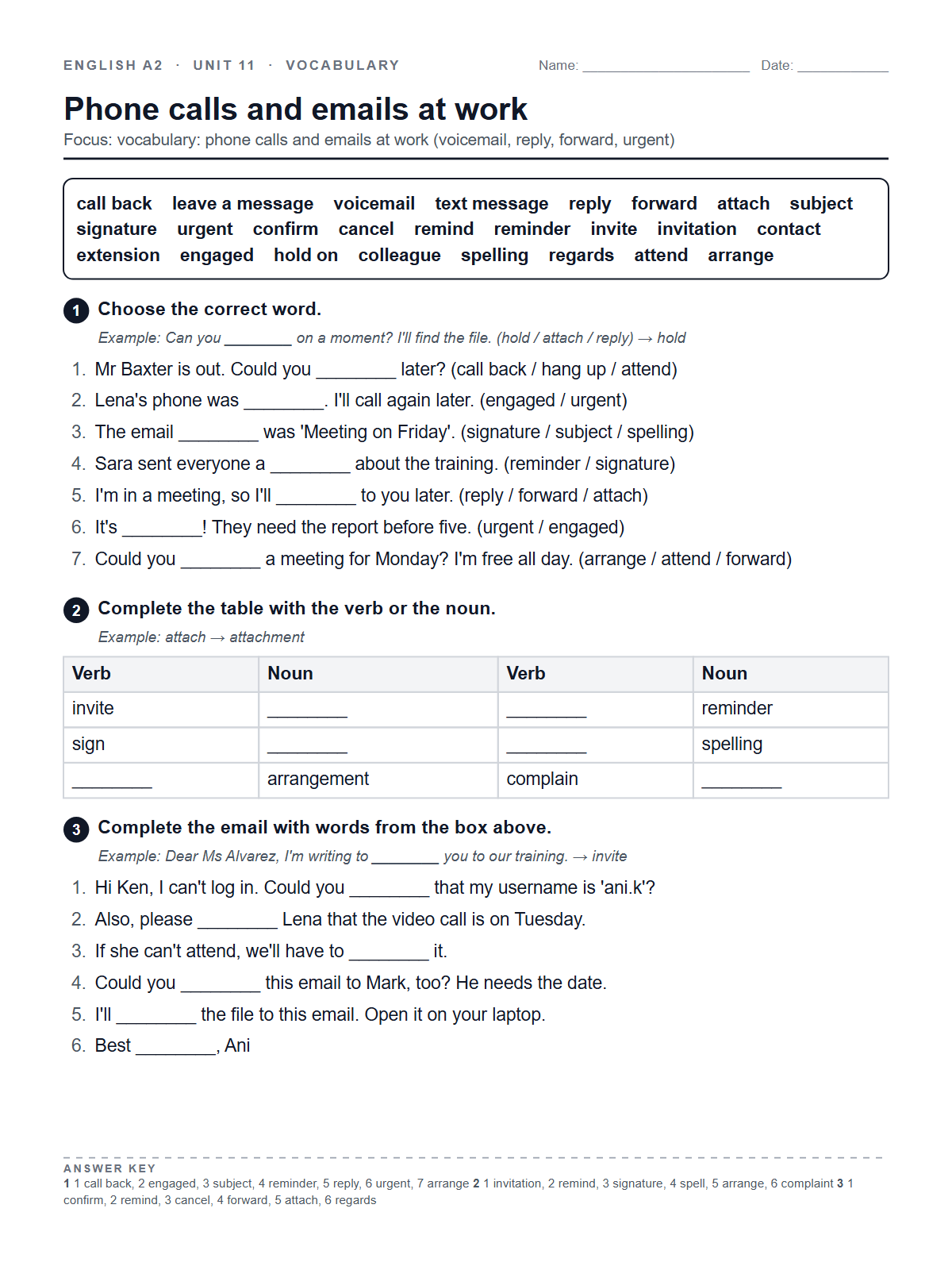 Phone calls and emails at work — printable worksheet