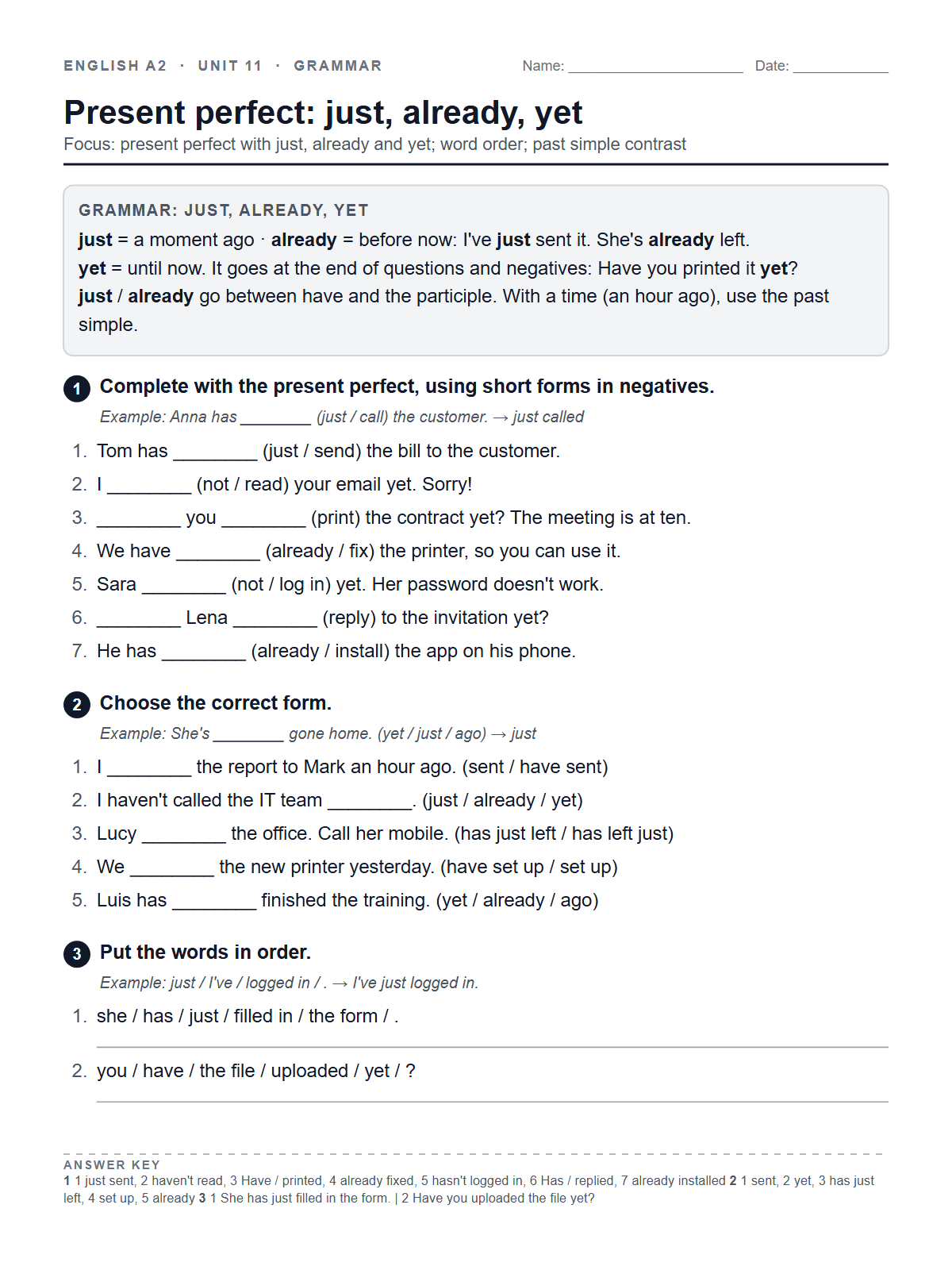 Present perfect: just, already, yet — printable worksheet