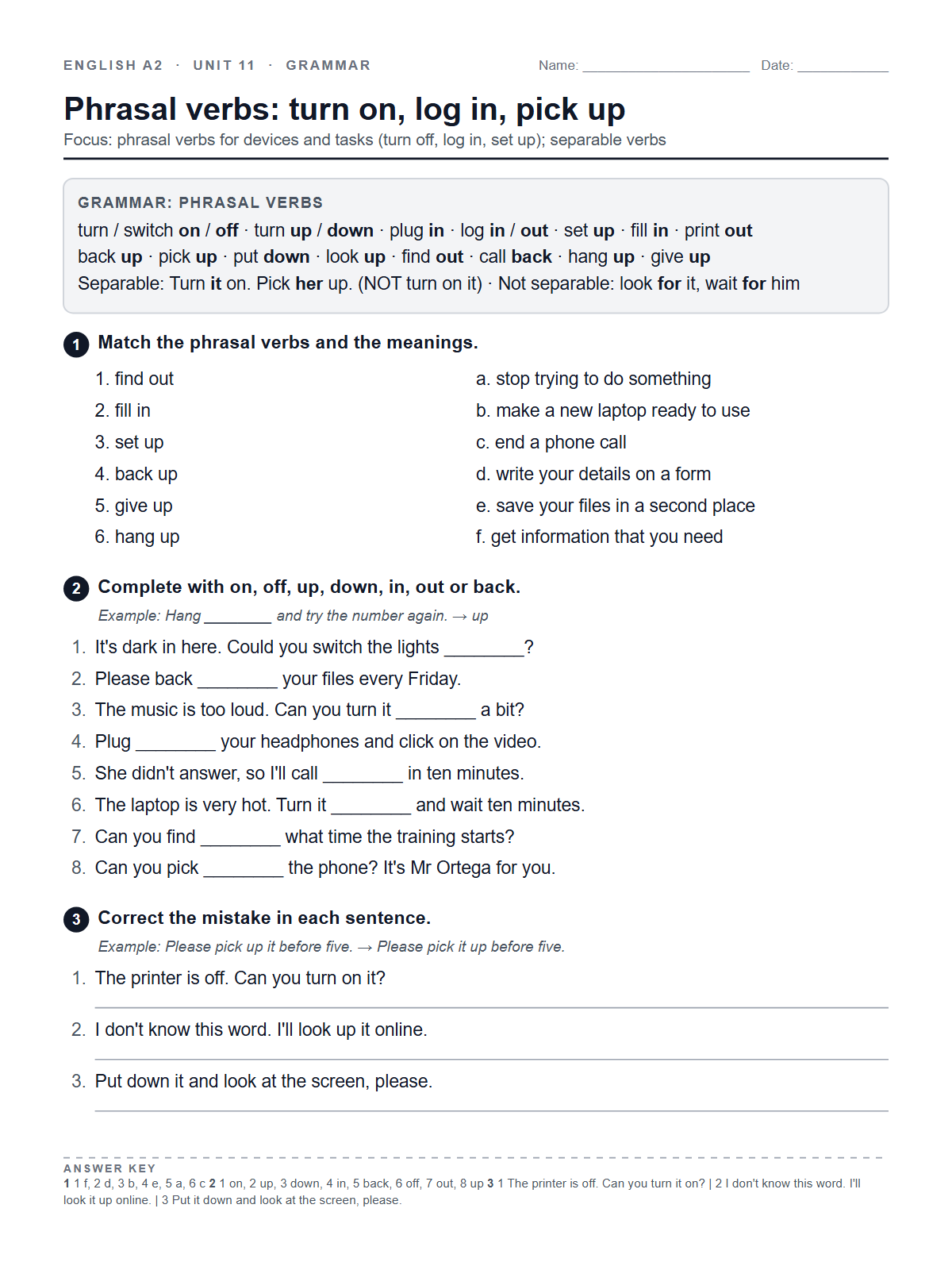 Phrasal verbs: turn on, log in, pick up — printable worksheet