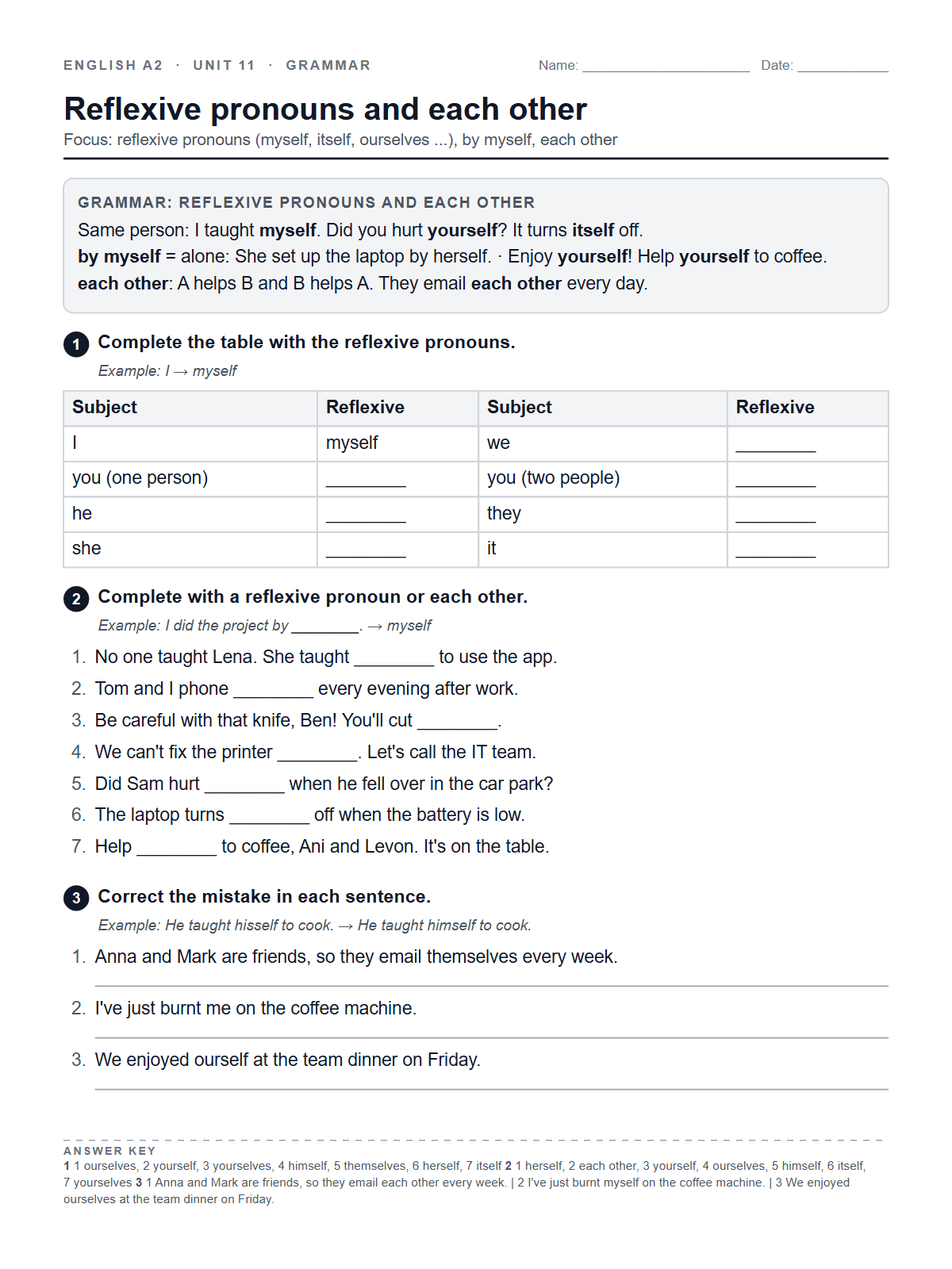 Reflexive pronouns and each other — printable worksheet