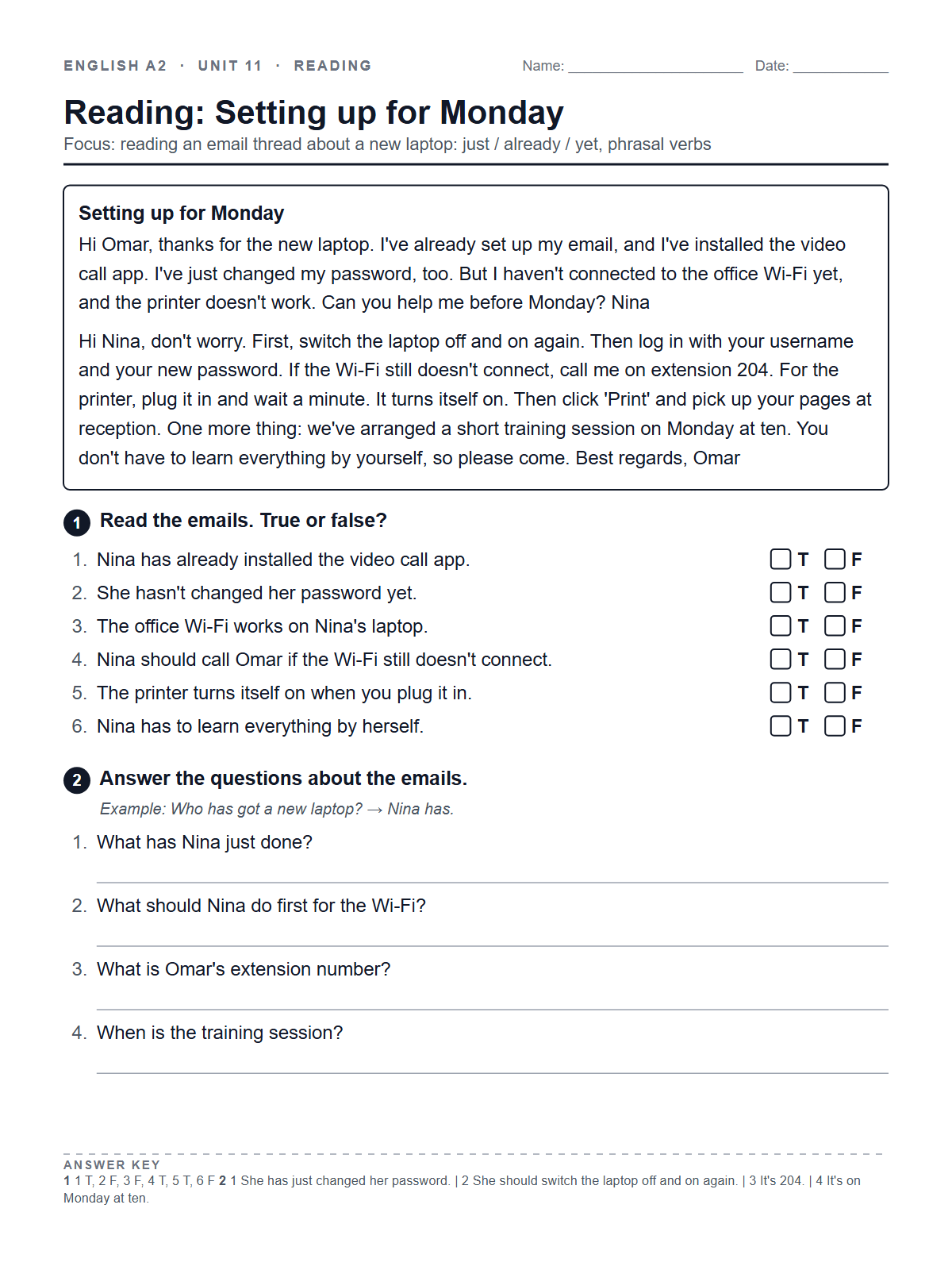 Reading: Setting up for Monday — printable worksheet