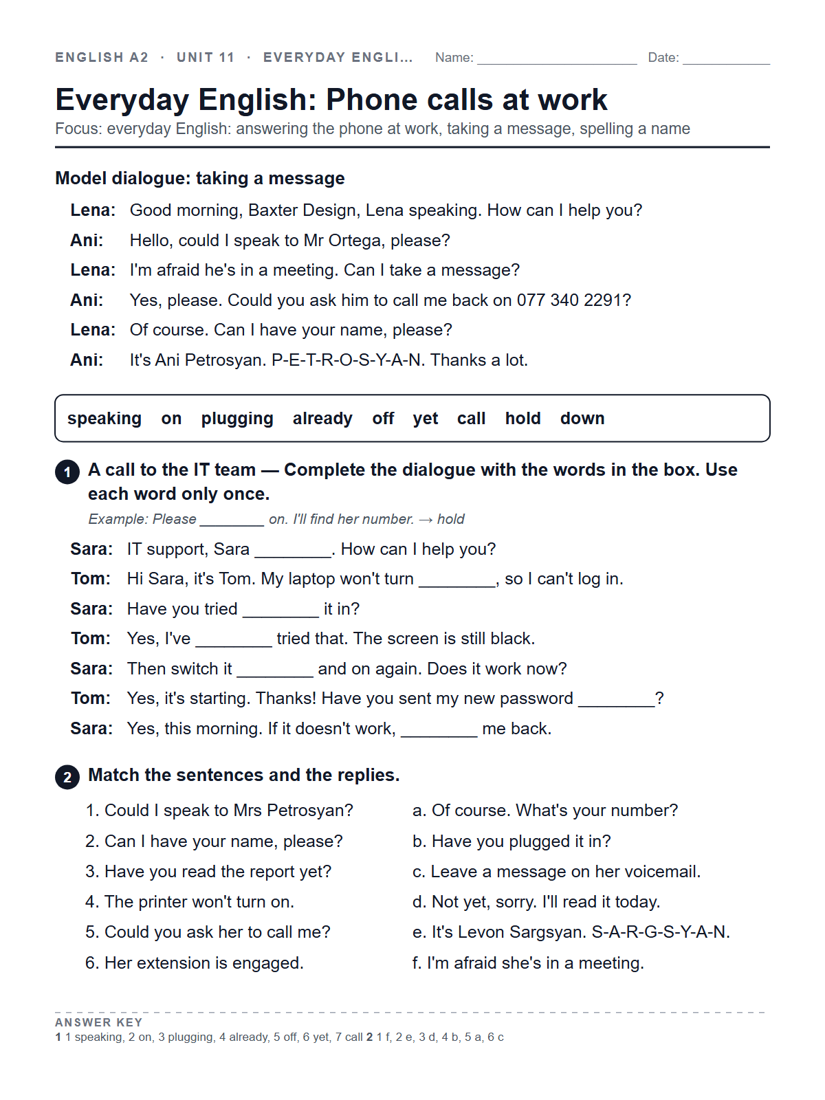 Everyday English: Phone calls at work — printable worksheet