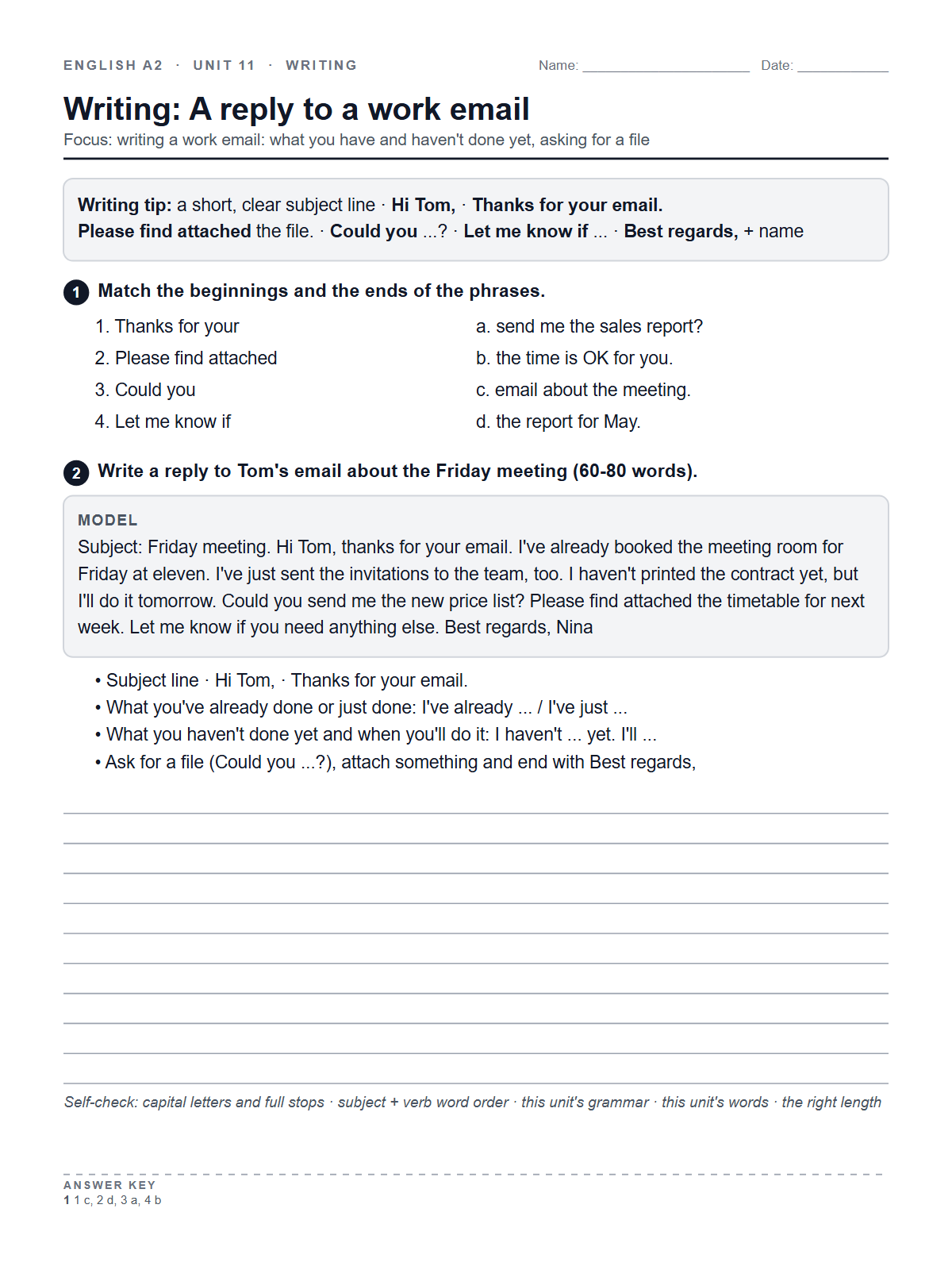 Writing: A reply to a work email — printable worksheet