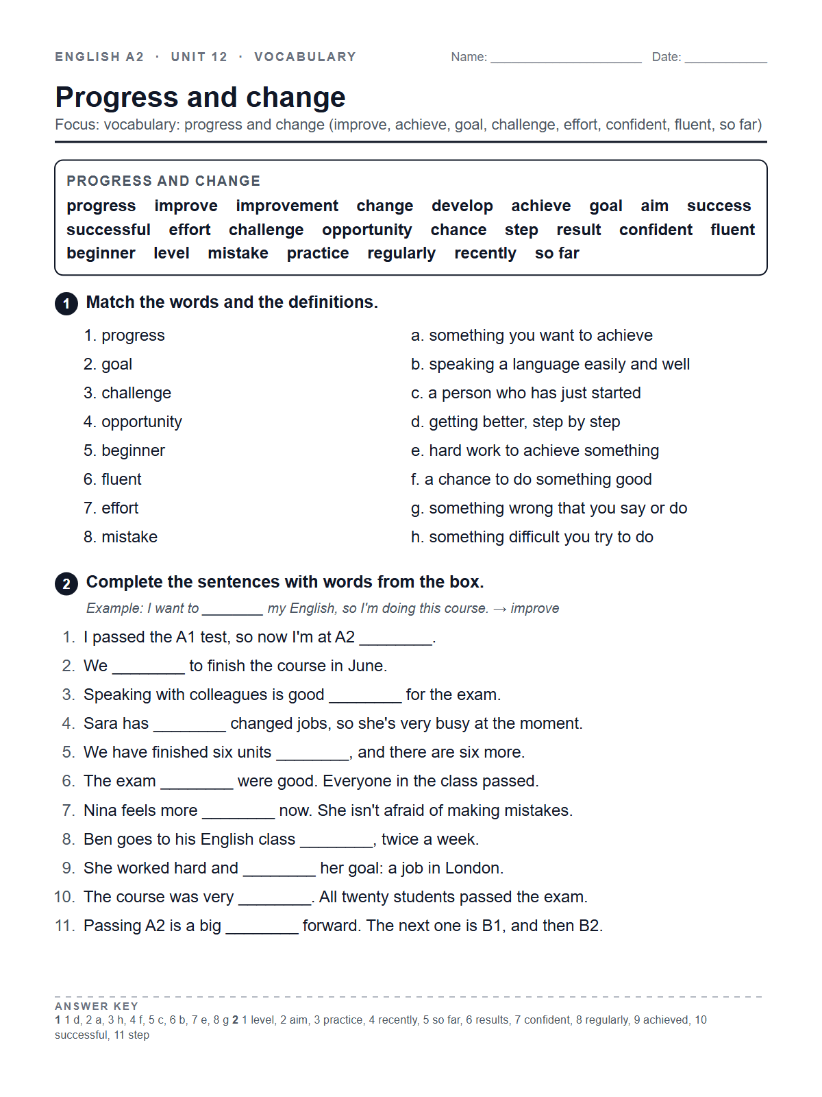 Progress and change — printable worksheet