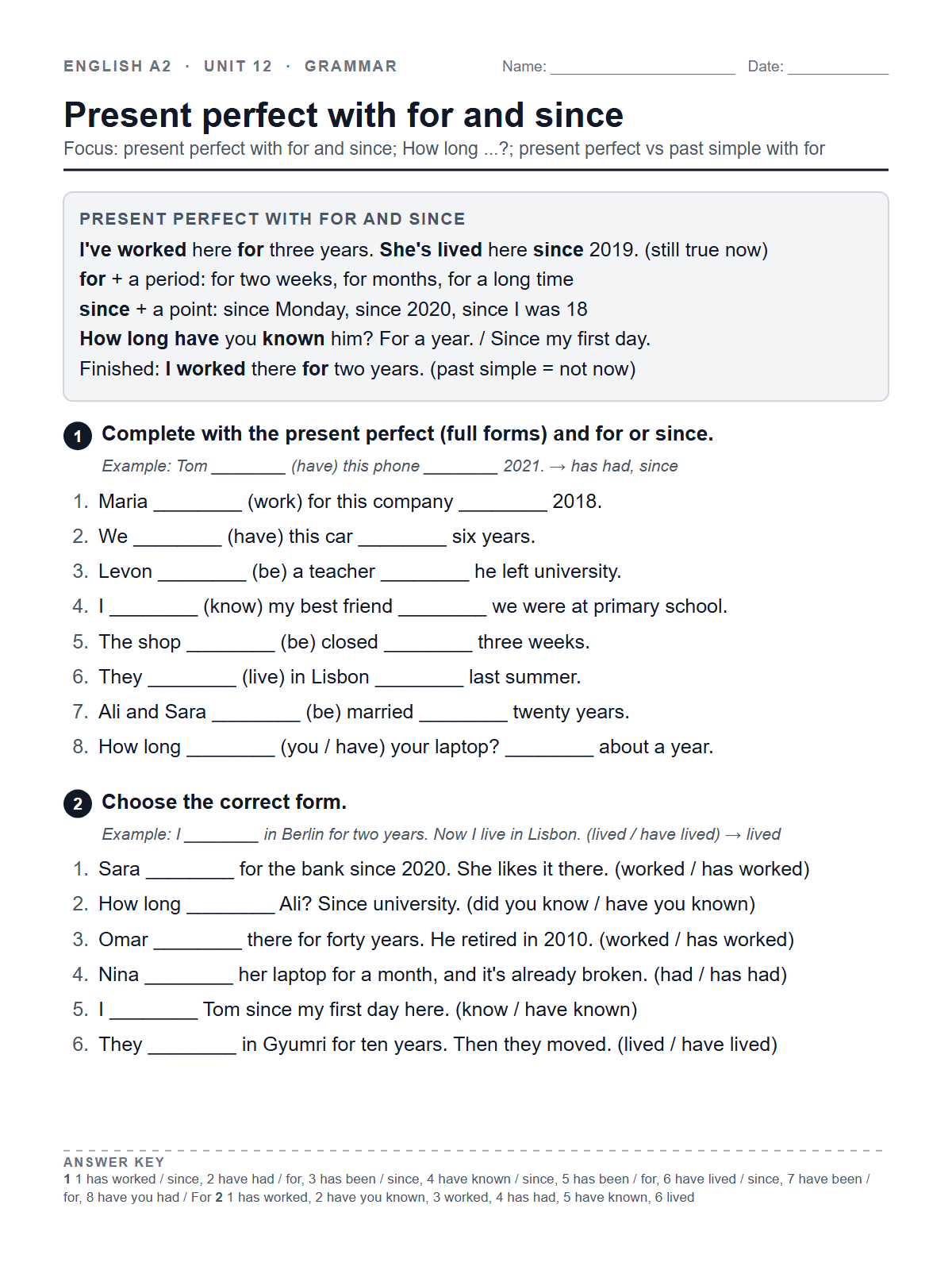 Present perfect with for and since — printable worksheet