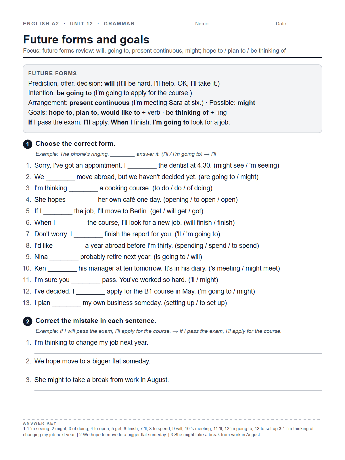 Future forms and goals — printable worksheet