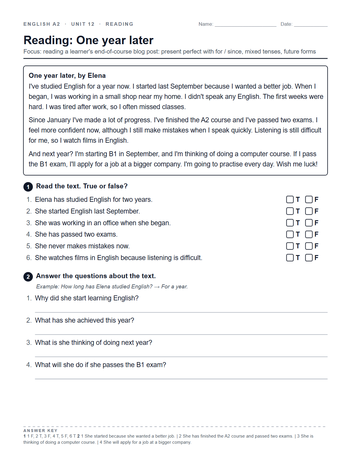 Reading: One year later — printable worksheet