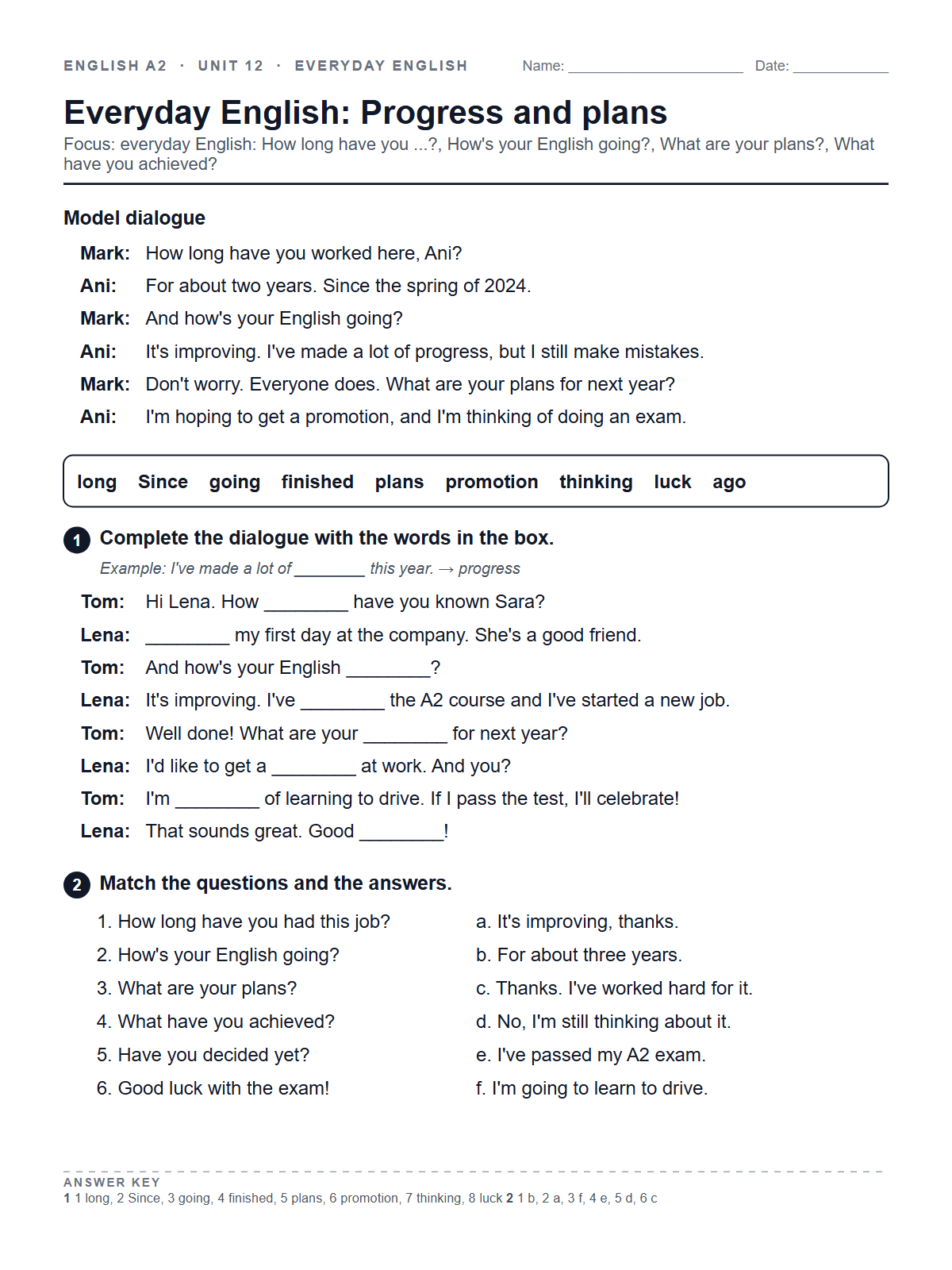 Everyday English: Progress and plans — printable worksheet