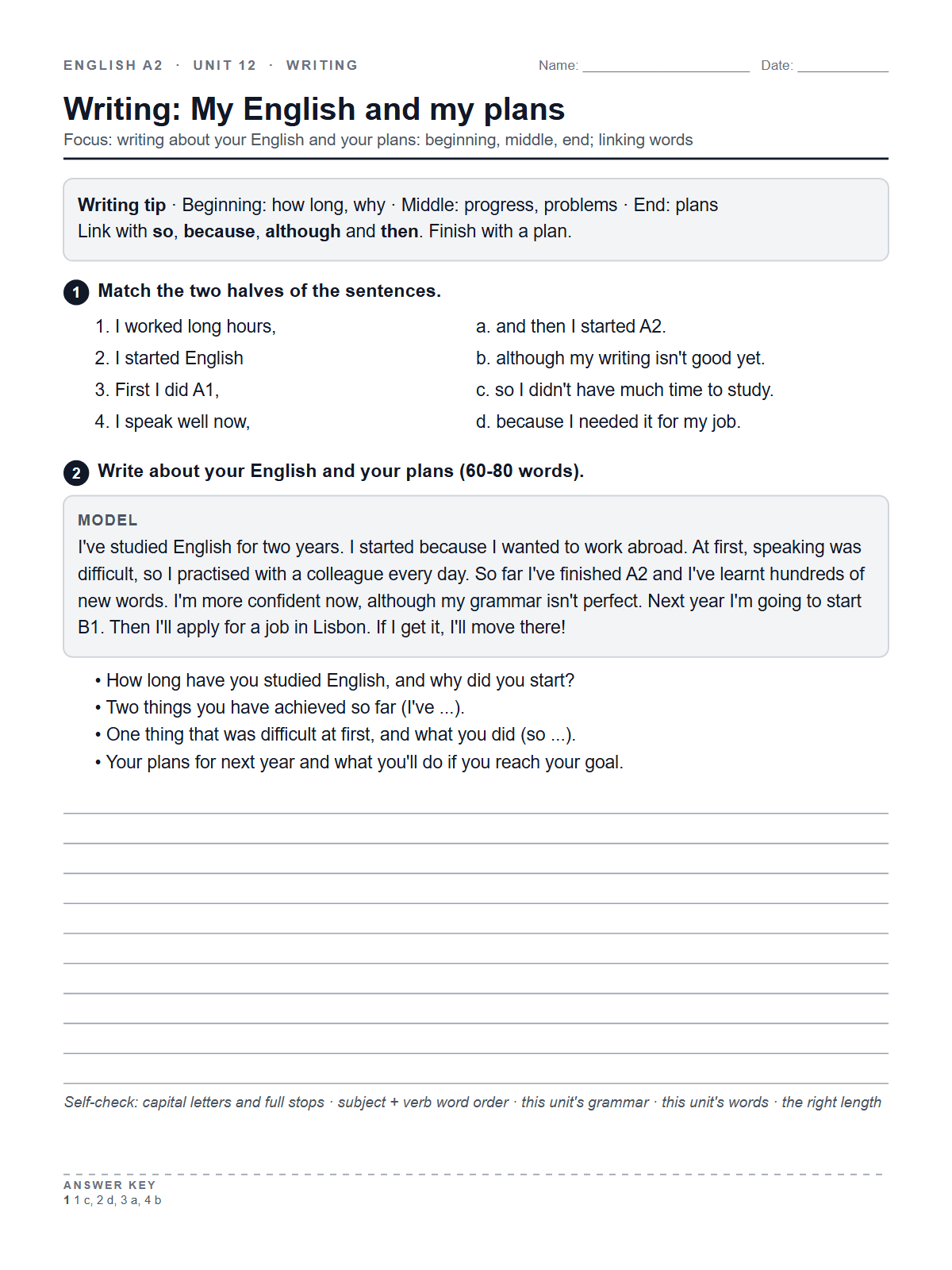Writing: My English and my plans — printable worksheet