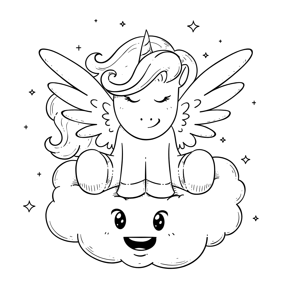 Fairy Unicorn on Cloud — printable coloring page