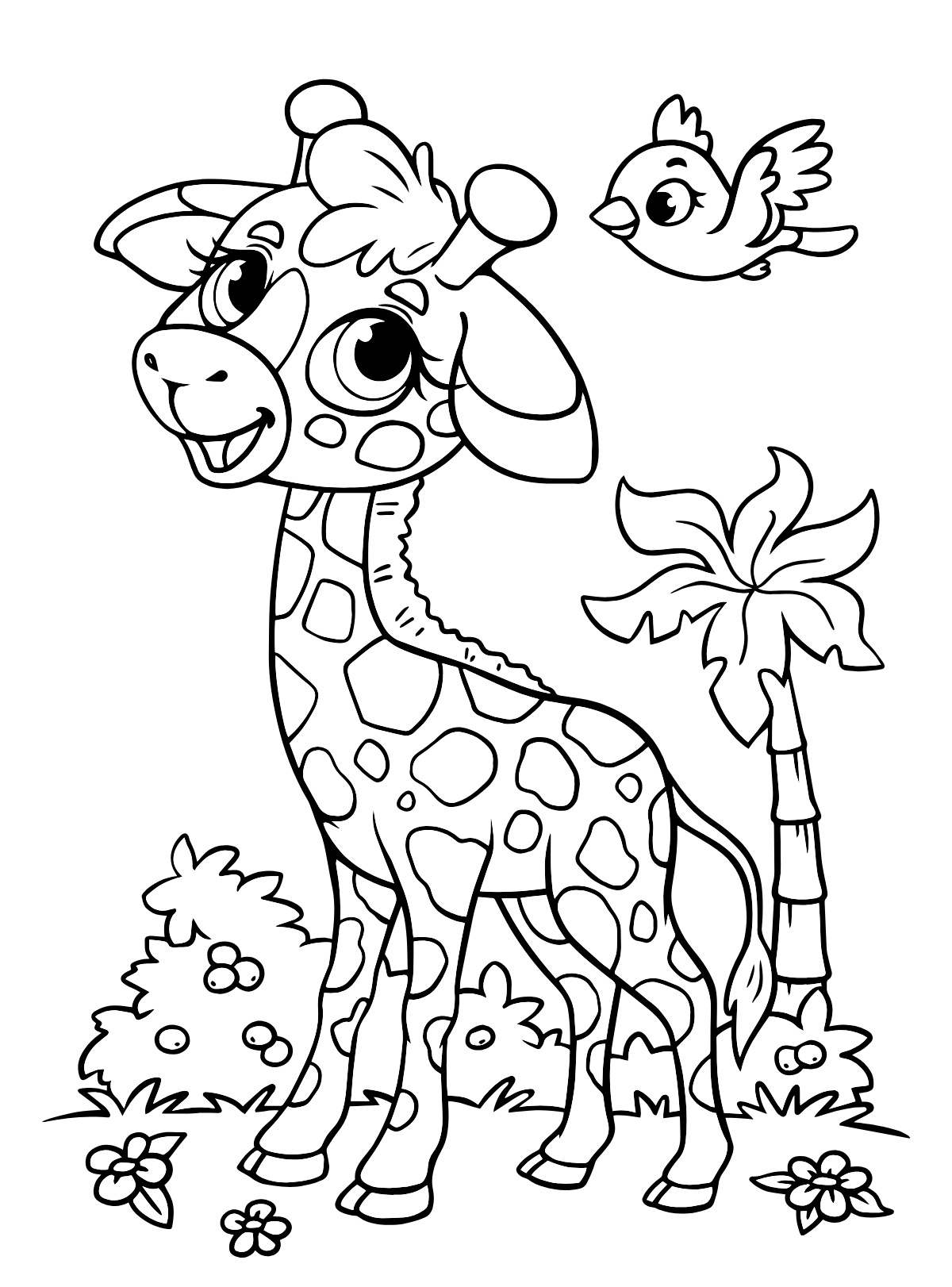 Giraffe with Bird — printable coloring page