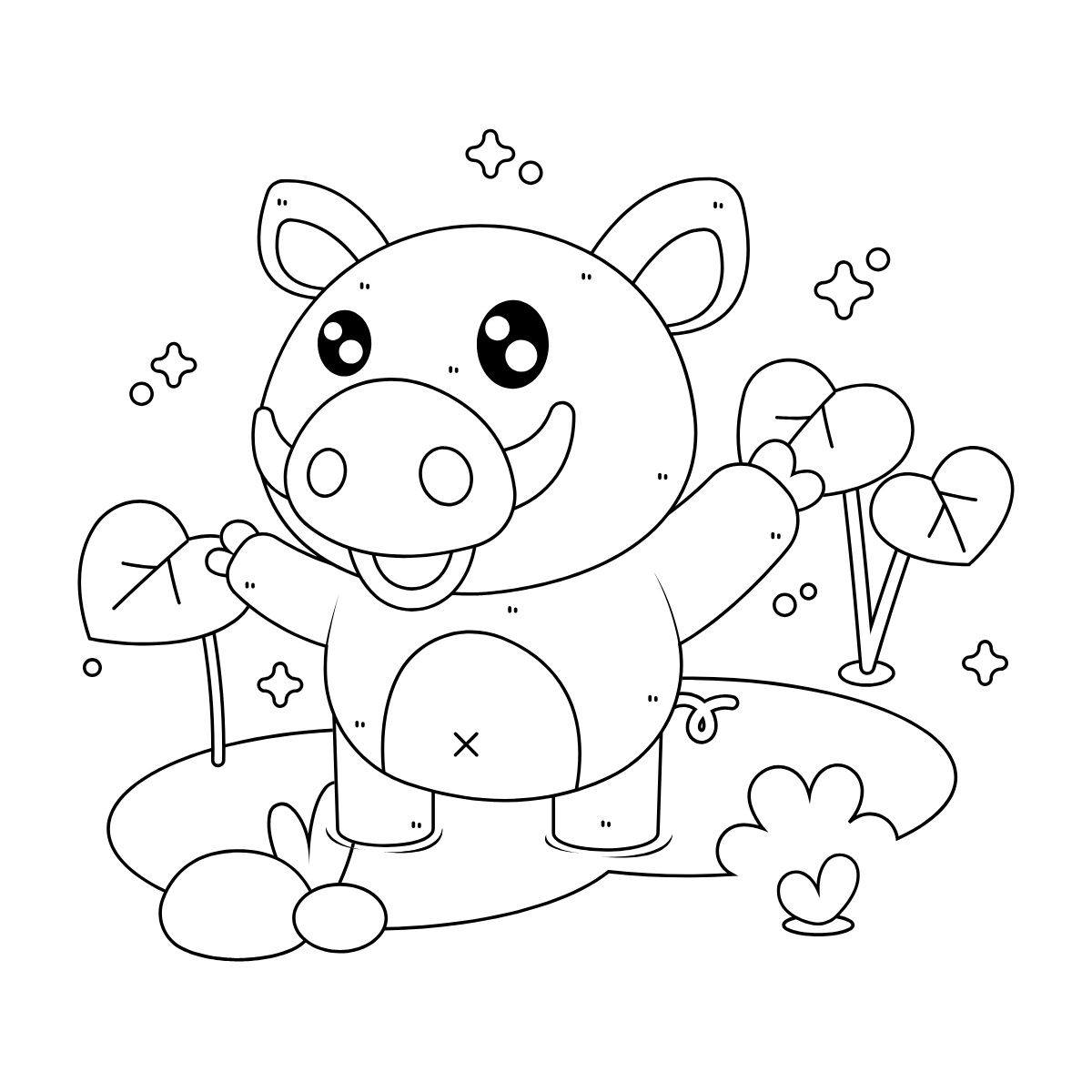 Happy Hippo with Balloons — printable coloring page