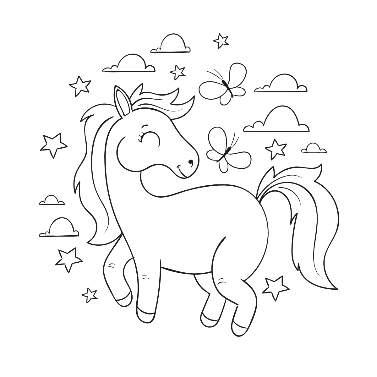 Happy Star Unicorn — printable coloring page