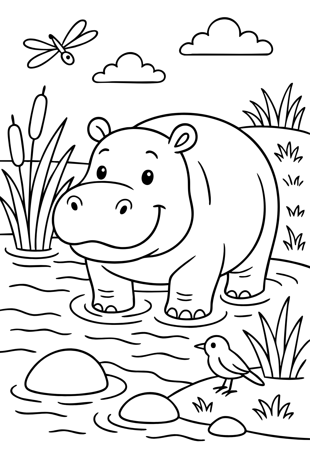 Hippo in the Pond — printable coloring page