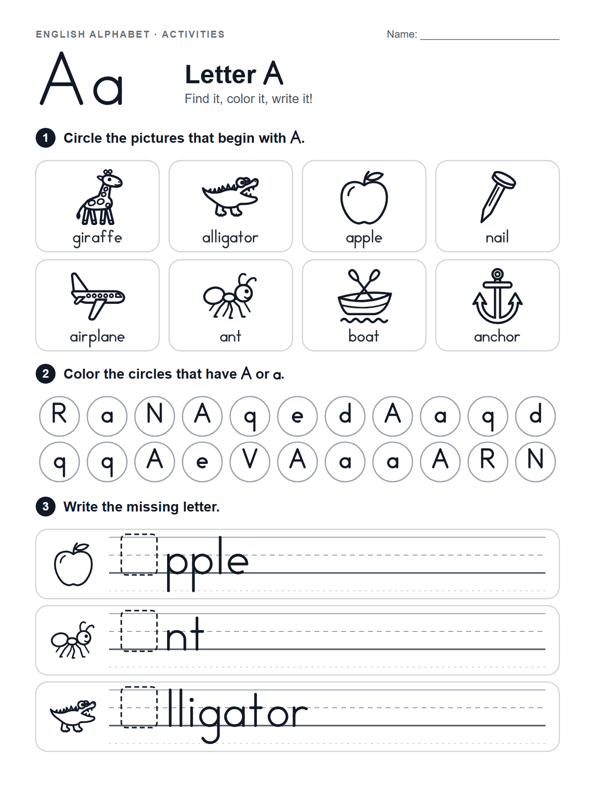 Letter A Worksheet — printable worksheet