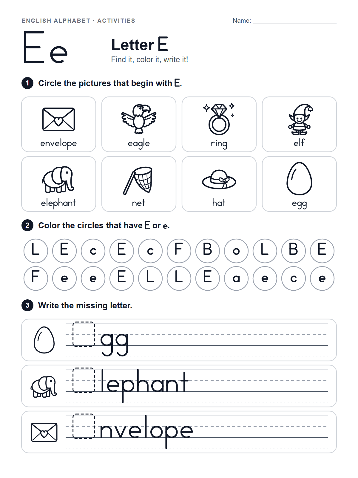 Letter E Worksheet — printable worksheet