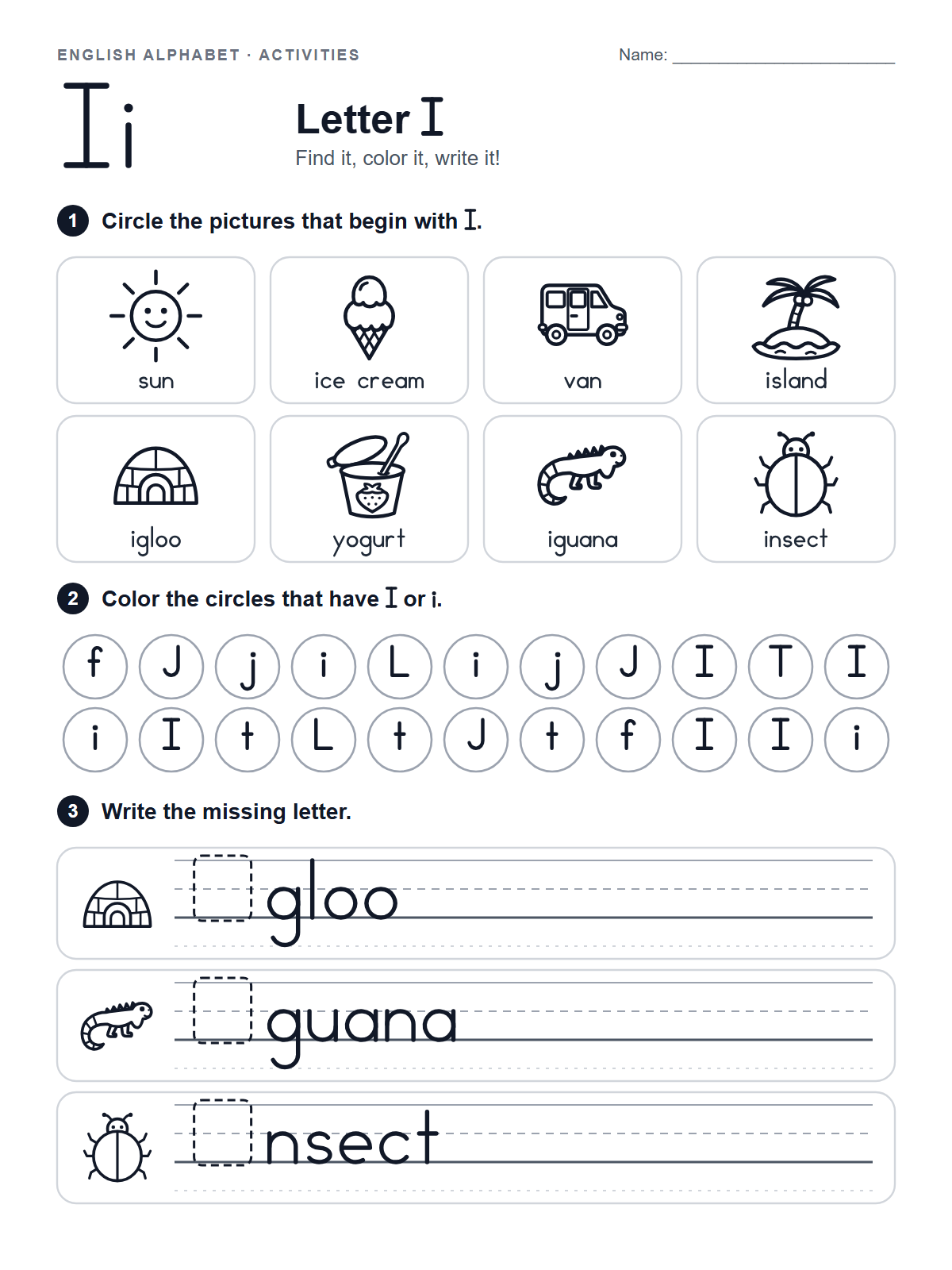 Letter I Worksheet — printable worksheet